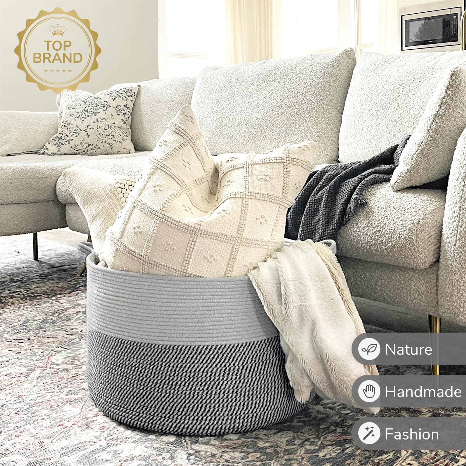 INDRESSME Extra Large Laundry Basket with Handles - 21.7 x 13.8 Inch Woven Storage Bin for Clothes, Toys & Blankets - Grey Cotton Rope Basket for Nursery, Living Room & Bedroom Organization - Perfect for Dirty Laundry, Pet Toys & Home Decor Storage