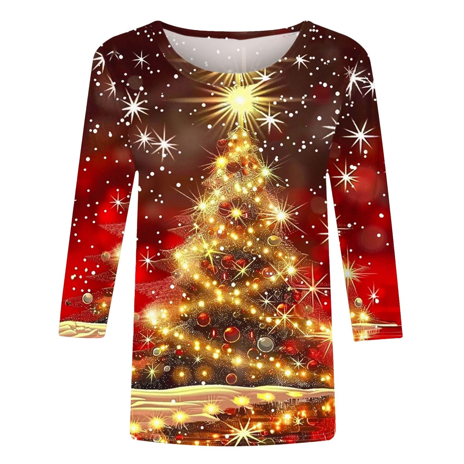 Festive Christmas Tops for Women 2024 - Glitter Tree Print Blouses for Holiday Parties & Gatherings