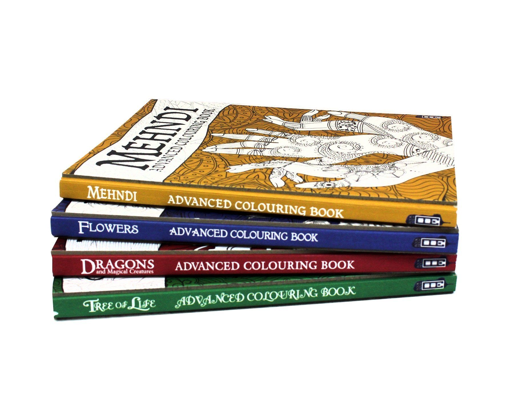 Premium 4-Pack Coloring Books for Adults - Floral, Tree, Dragon & Mehndi Designs | Hardback Art Therapy Collection by David Stewart | Perfect for Stress Relief, Mindfulness & Creative Relaxation