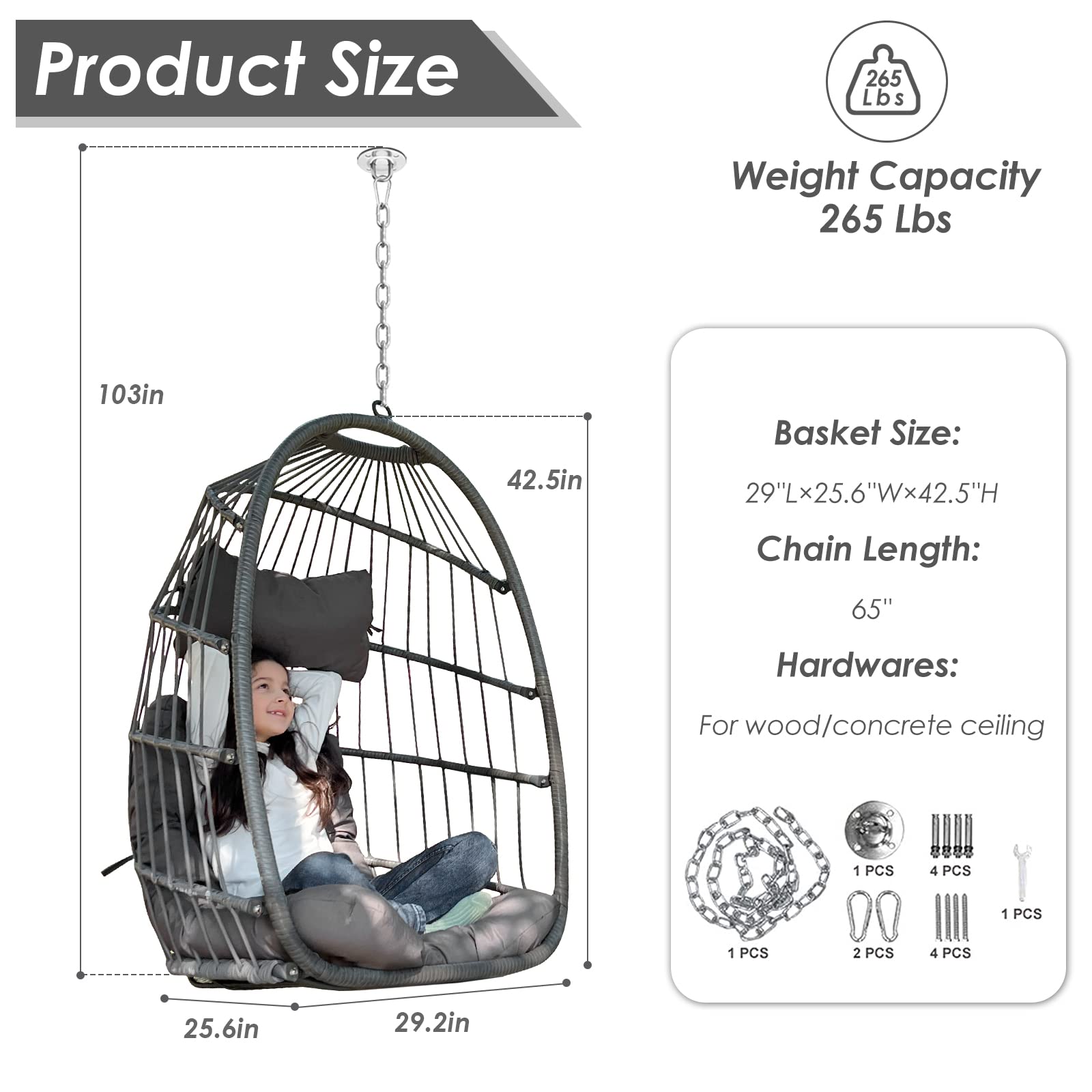 FINCATI Hanging Egg Chair Without Stand - 265 lbs Capacity Swing Hammock with UV Resistant Cushions - Dark Gray Egg Basket Chair for Bedroom, Living Room, Patio, Backyard & Balcony - Perfect for Relaxing, Reading & Outdoor Lounging