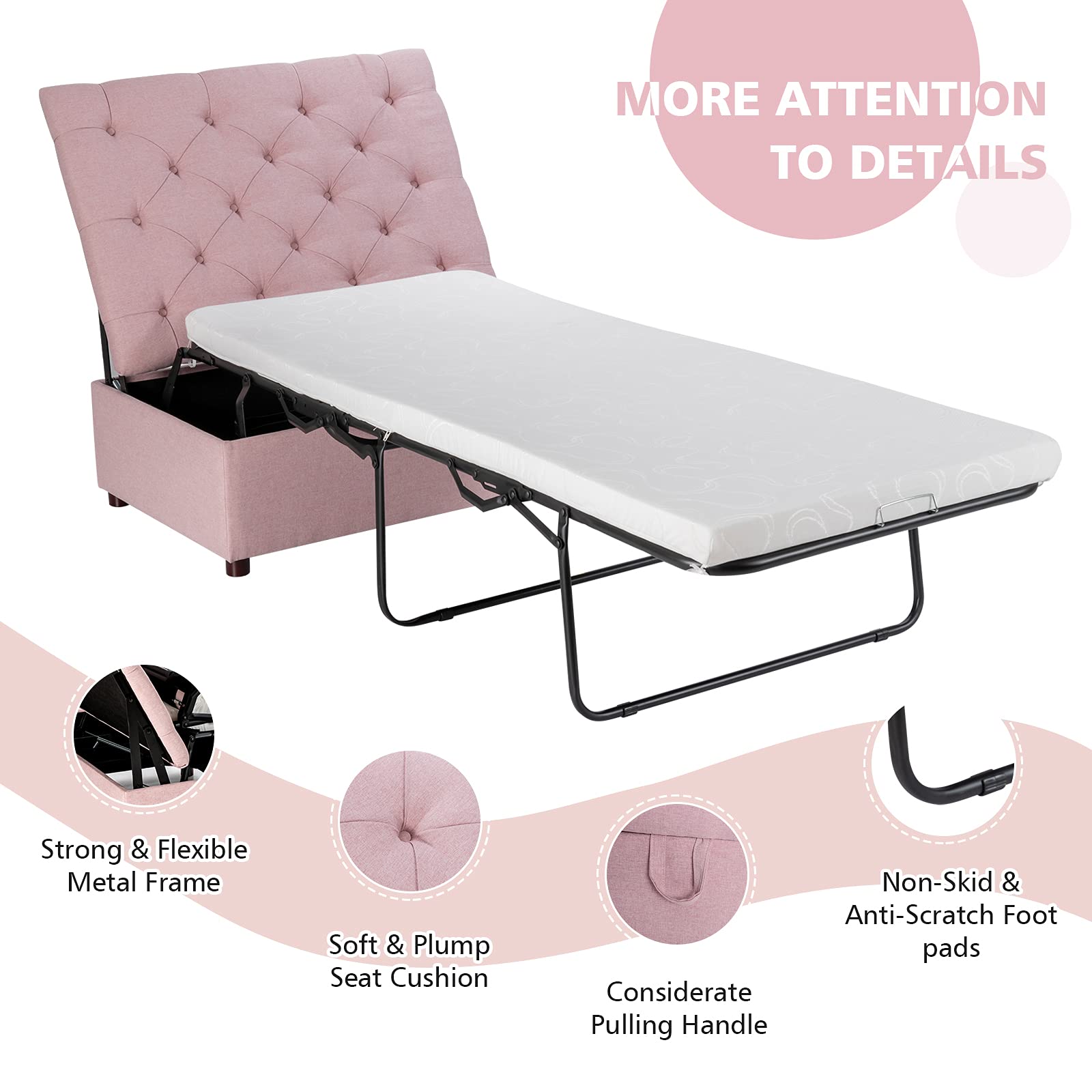 Giantex Ottoman Folding Bed with Mattress - Convertible Chair to Sofa Bed, Steel Frame Sleeper Couch for Guest & Lounge - Dual Use Living Room, Bedroom & Office Furniture (Pink) | Perfect for Small Spaces, Overnight Guests & Multi-Functional Home Decor