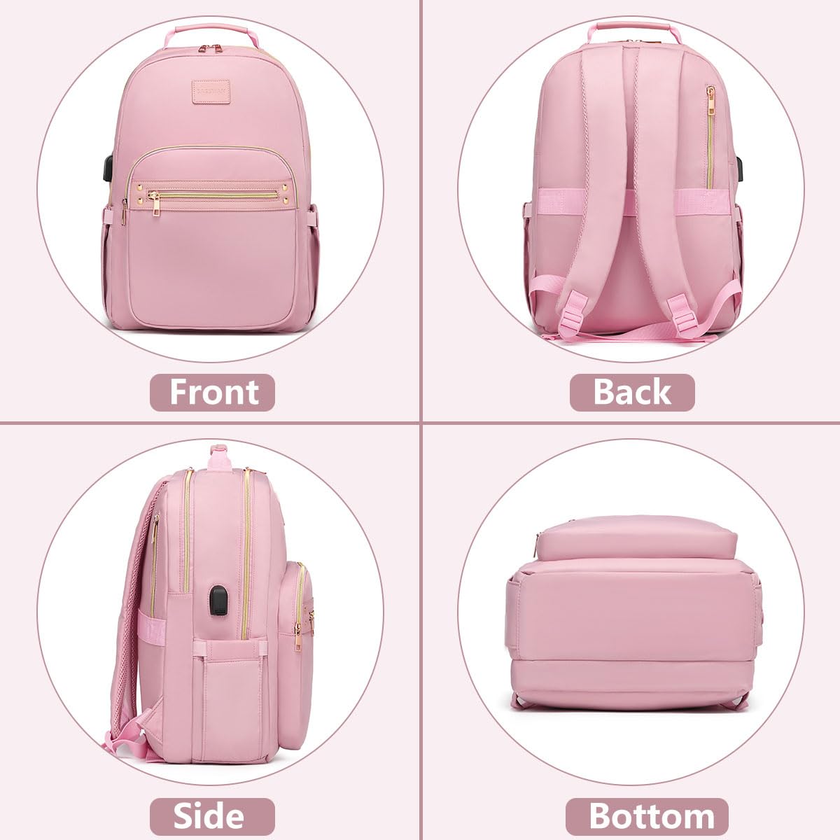 Stylish Pink 15.6 Inch Laptop Backpack for Women - Anti-Theft Waterproof College & Travel Backpack with USB Charging Port - Perfect for Work, Business Trips, School & Daily Commute