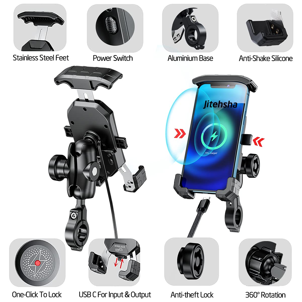 Anti-Theft Motorcycle Phone Mount with Wireless Charger - 15W Fast Charging, USB-C 5V 3A, 360° Rotation, Waterproof Handlebar Stem Holder for 4.0-7.0 Inch Phones (Fits 1