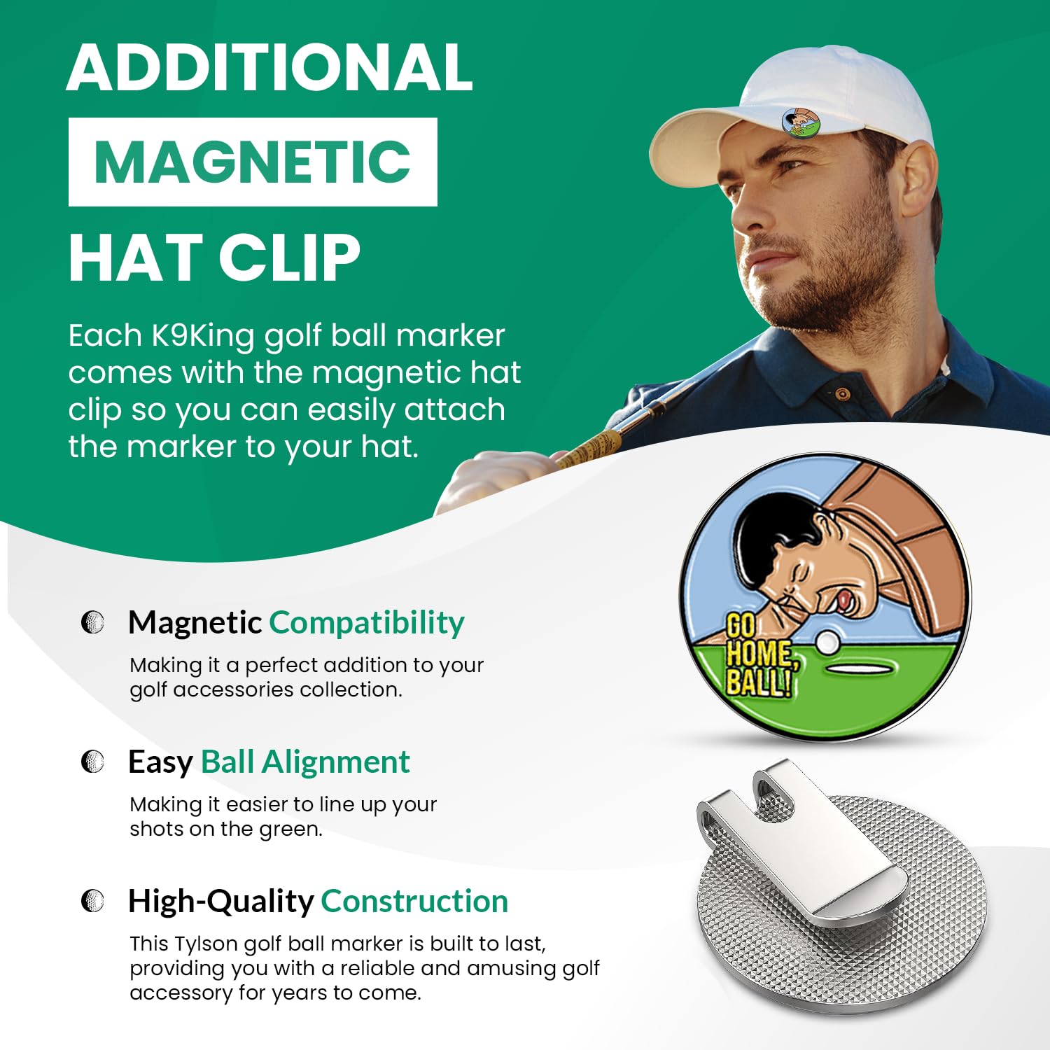 K9King Magnetic Golf Ball Marker with Hat Clip - Premium Alignment Ball Mark for Golfers | Funny Golf Accessories & Perfect Gift for Golf Lovers | Ideal for On-Course Alignment & Stylish Cap Accessory