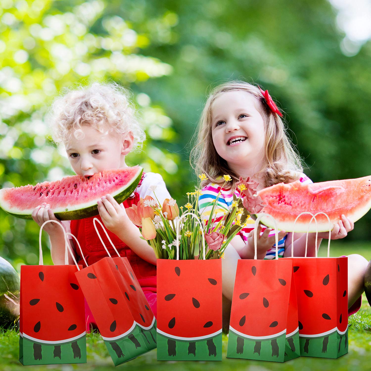 24-Piece Watermelon Party Favor Bags - Red Paper Goodie Bags for Candy & Treats | Summer Birthday Party Supplies, Pool Party Decorations & Kids Celebration Favors | Perfect for Summer BBQs, Baby Showers & Picnic Events
