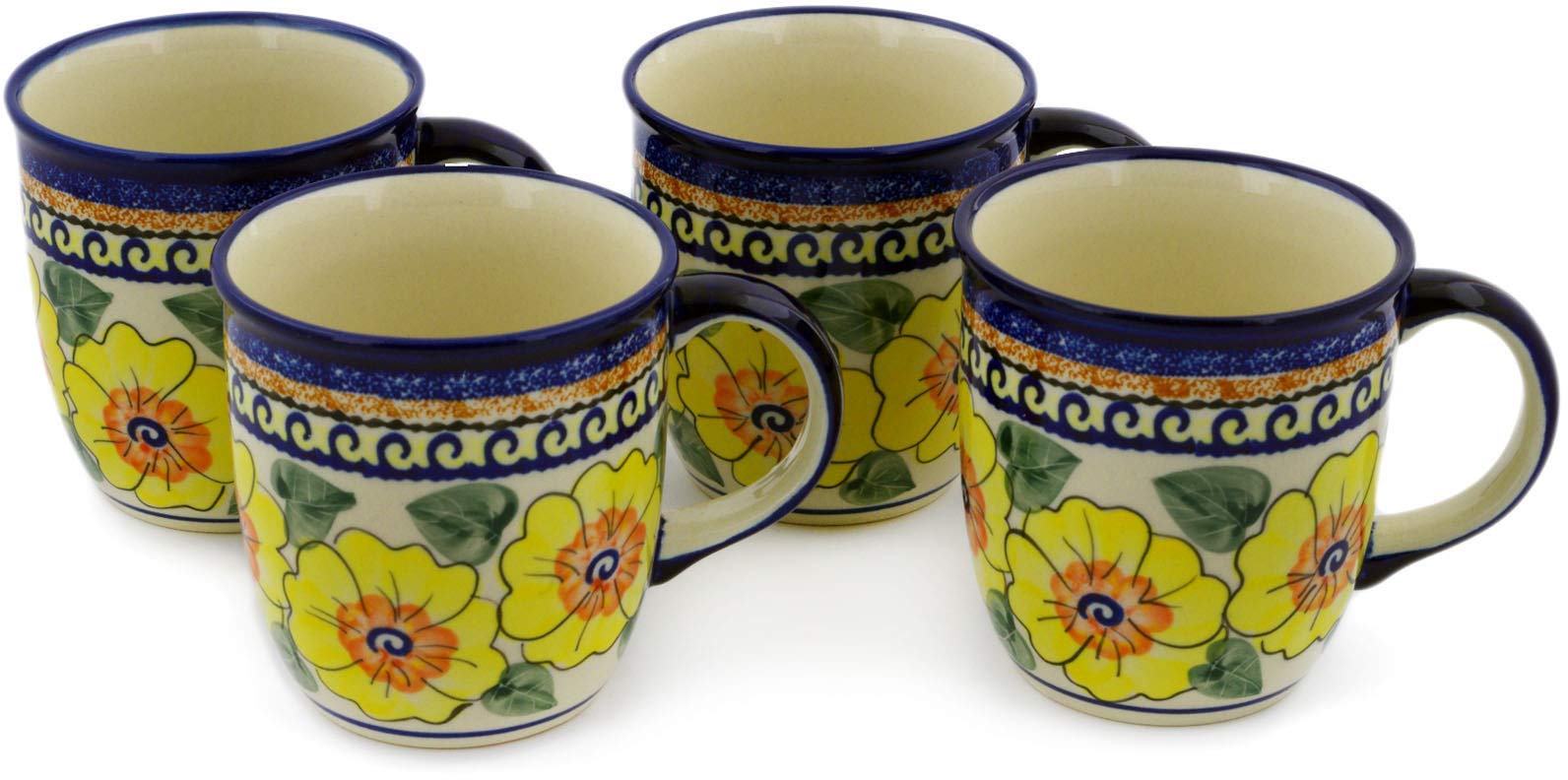 Authentic Polish Pottery 12oz Mugs Set of 4 - Handmade Lemon Poppies Design, UNIKAT Certified with COA - Perfect for Coffee, Tea & Home Decor Gifts