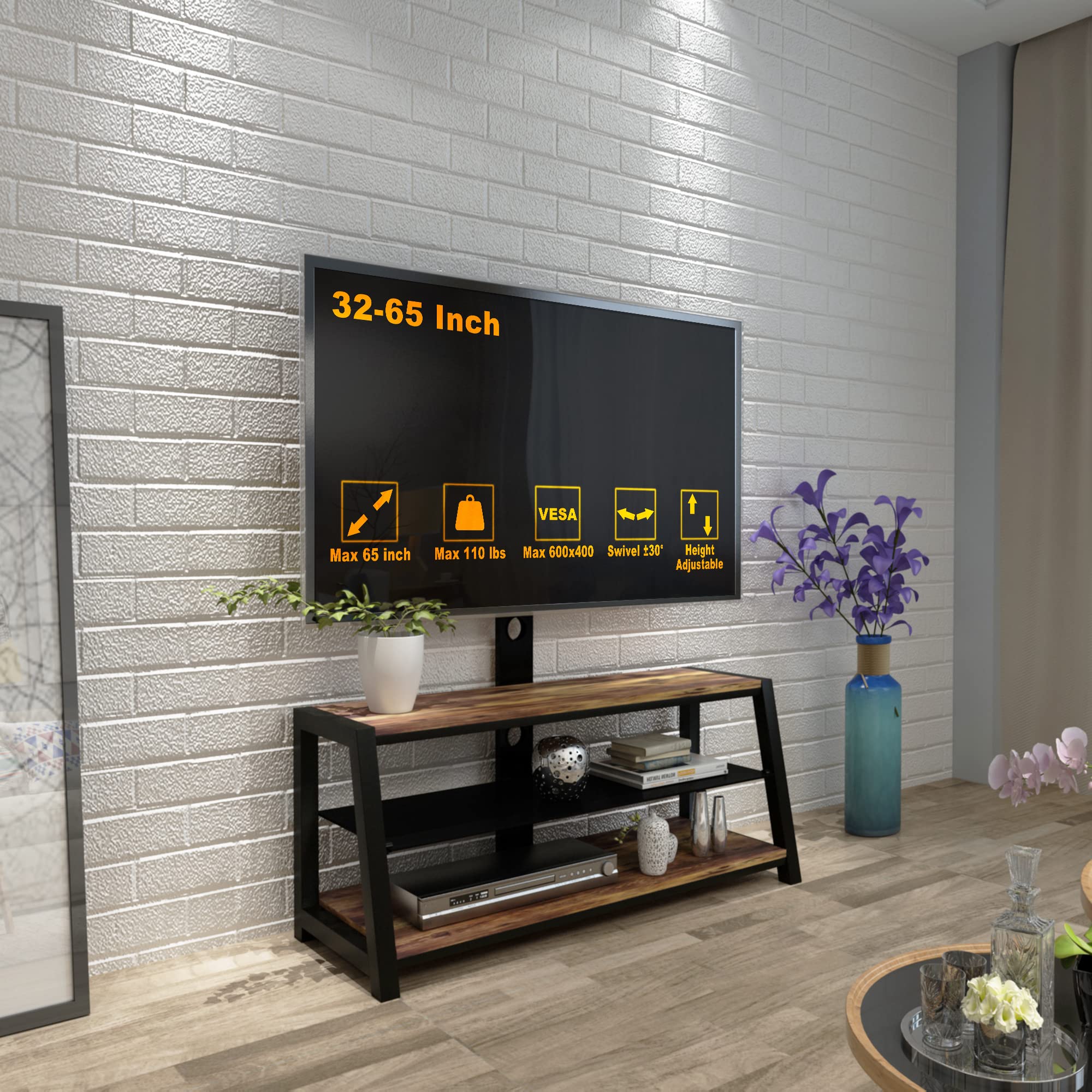 Wooden TV Stand with Storage, Universal Swivel Entertainment Center with Adjustable Height & Tempered Glass - Perfect for Living Room, Lounge, Bedroom (Black)