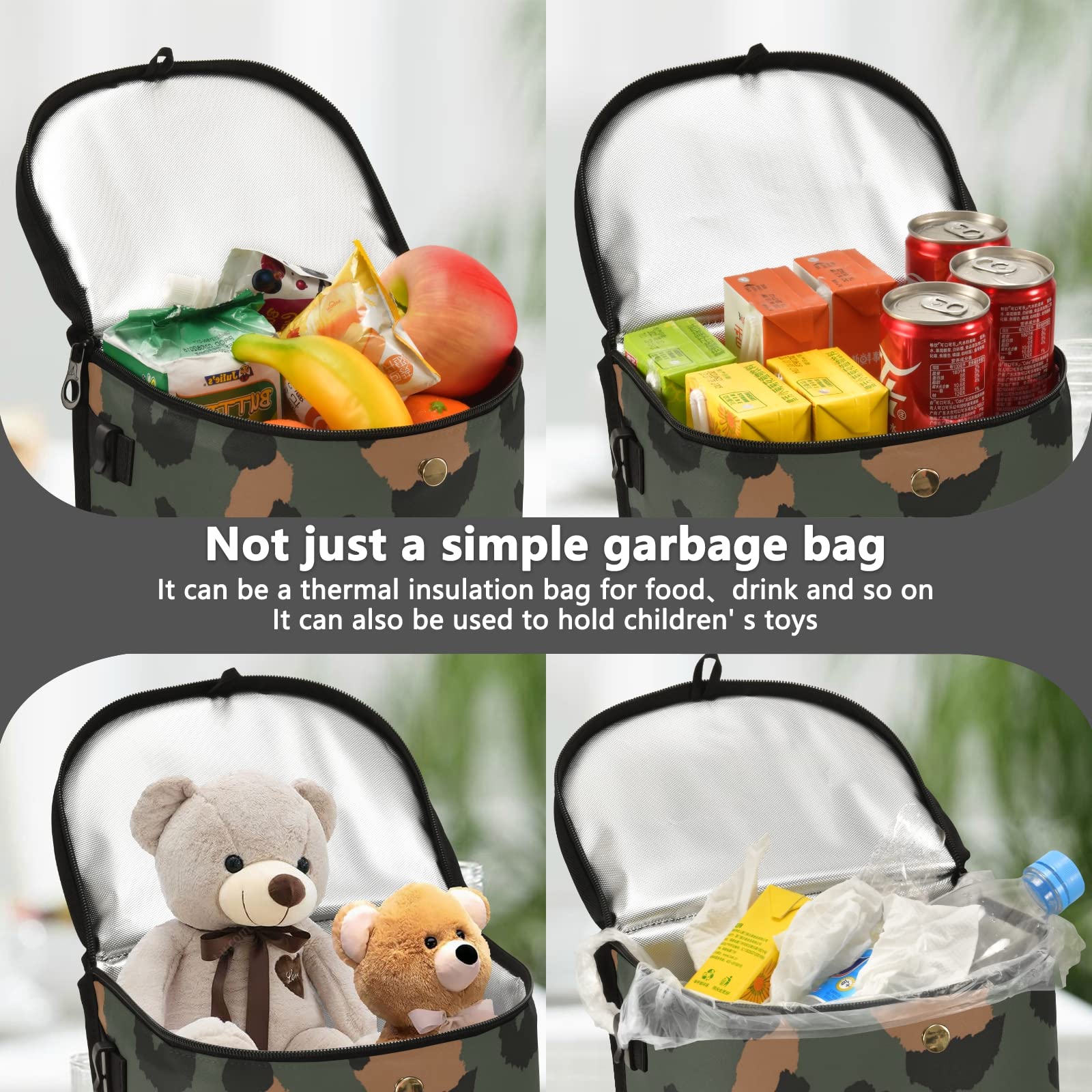 Leak Proof Car Trash Can with Aluminum Lining - Waterproof Hanging Car Garbage Bin, Multipurpose Vehicle Organizer Storage Bag for Waste Disposal - Perfect for Road Trips, Commuting & Family Travel (Leopard Print)