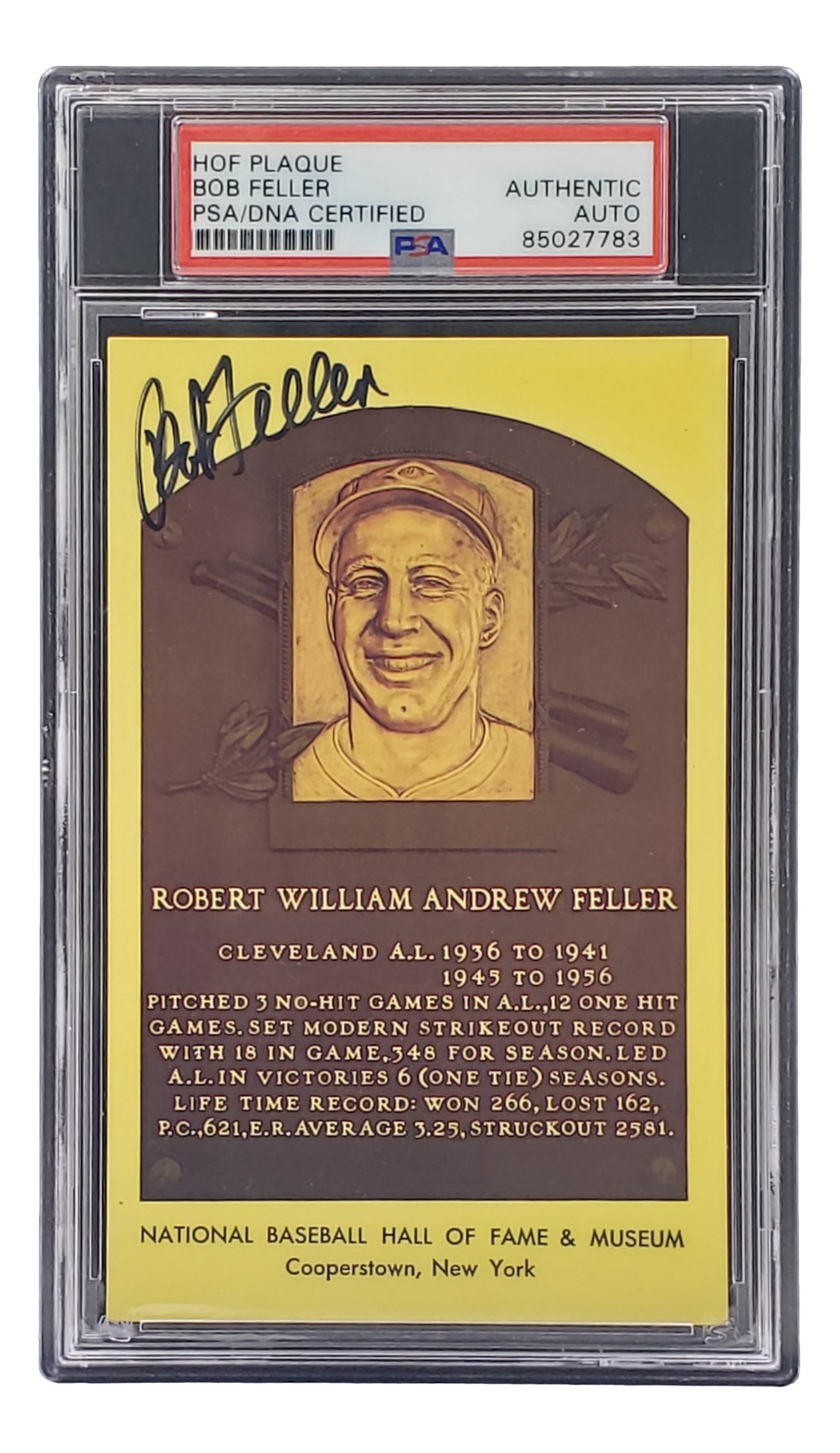 Bob Feller Autographed 4x6 Cleveland Indians Hall of Fame Plaque Card with PSA/DNA Certification #85027783 - Perfect for Baseball Memorabilia Collections and Sports Fan Gifts