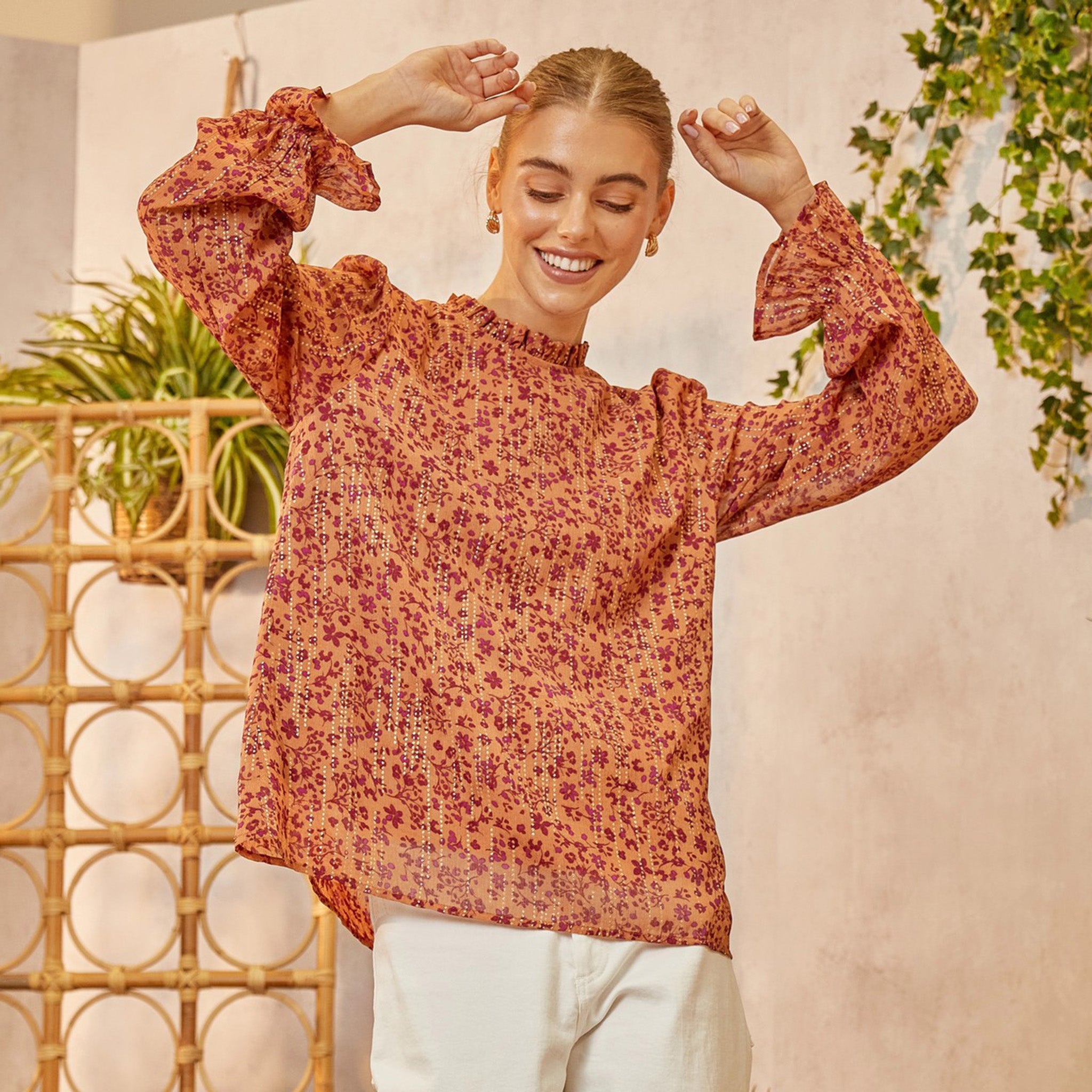 Andree Women's Rust & Plum Floral Blouse - Elegant Long Sleeve Tops for Work, Party & Date Night | Comfortable & Stylish Blouse for Women