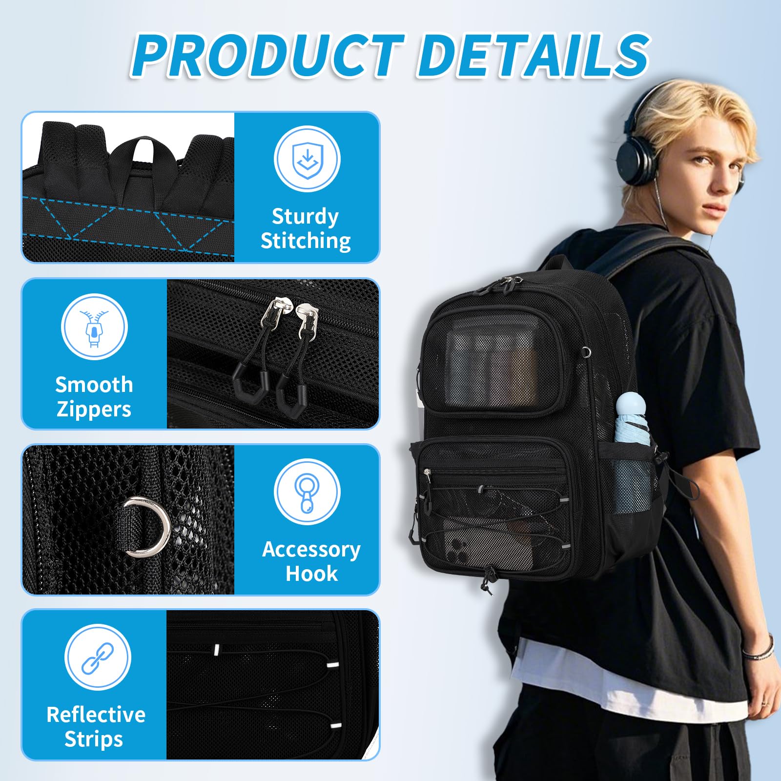 Mesh Backpack - Heavy Duty See Through Transparent Bookbag, Ultra Lightweight Breathable Net Backpack for School, Gym, Travel & Beach Sports (Black) - Perfect for School Supplies, Workout Gear & Outdoor Adventures