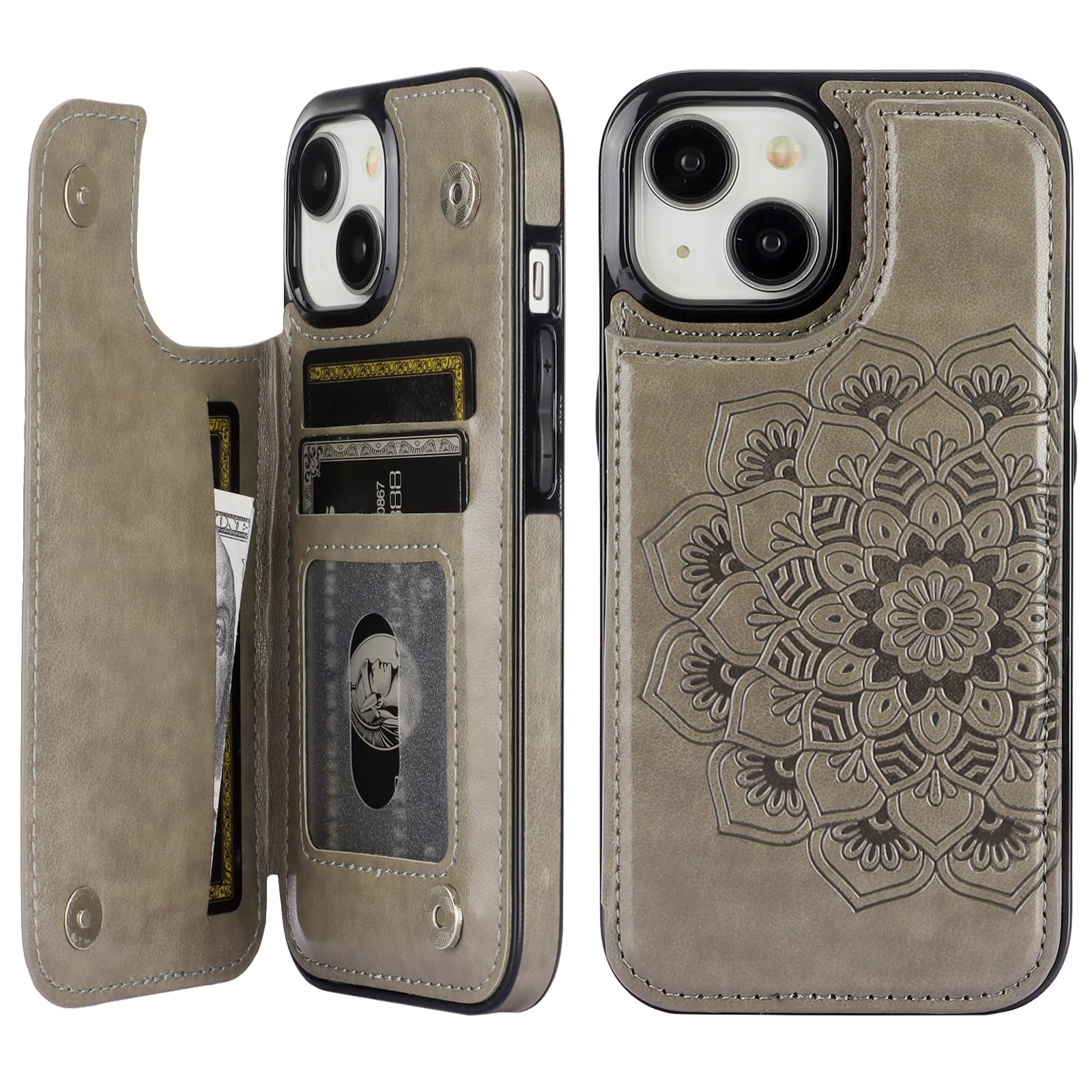 Vaburs iPhone 15 Case Wallet with Card Holder - Embossed Mandala Flower PU Leather Cover with Magnetic Car Mount | Shockproof Flip Case for 6.1