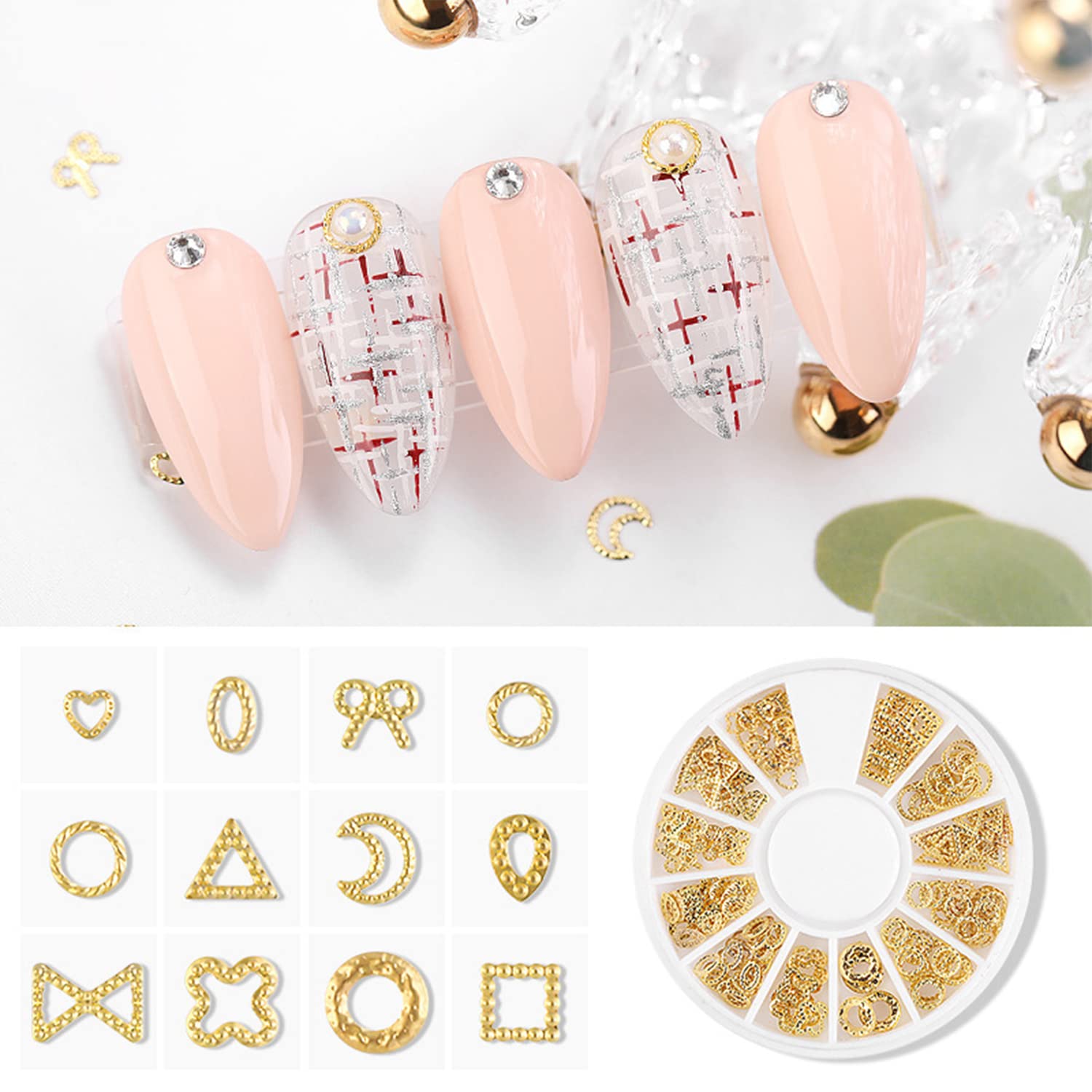 DANNEASY 6 Boxes Gold Nail Charms for Acrylic Nails - Metal Hollow Nail Studs with Heart, Moon, Star & Cross Designs - 3D Nail Art Jewels for DIY Manicure & Nail Decoration - Perfect for Parties, Weddings & Salon Use