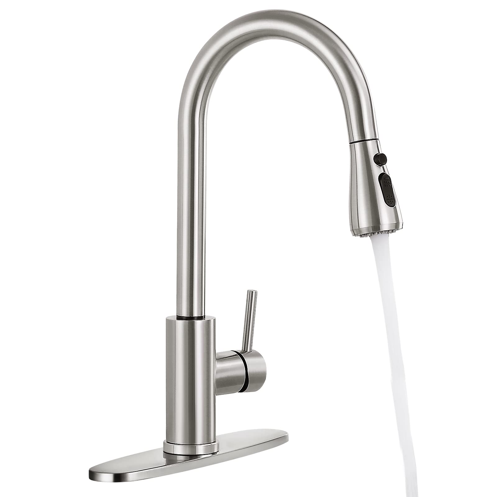 FGKQ Brushed Nickel High Arc Kitchen Faucet with Pull Down Sprayer, Single Handle Stainless Steel Sink Faucet with Deck Plate for Modern Home Kitchens