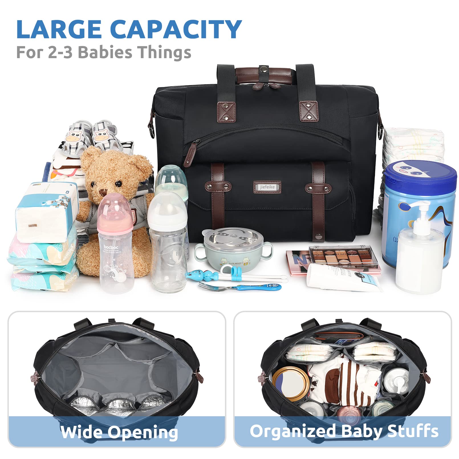 Jiefeike Black Diaper Bag with Changing Pad - Large Anti-Theft Travel Tote for Parents - Perfect for Hospital & Weekend Trips