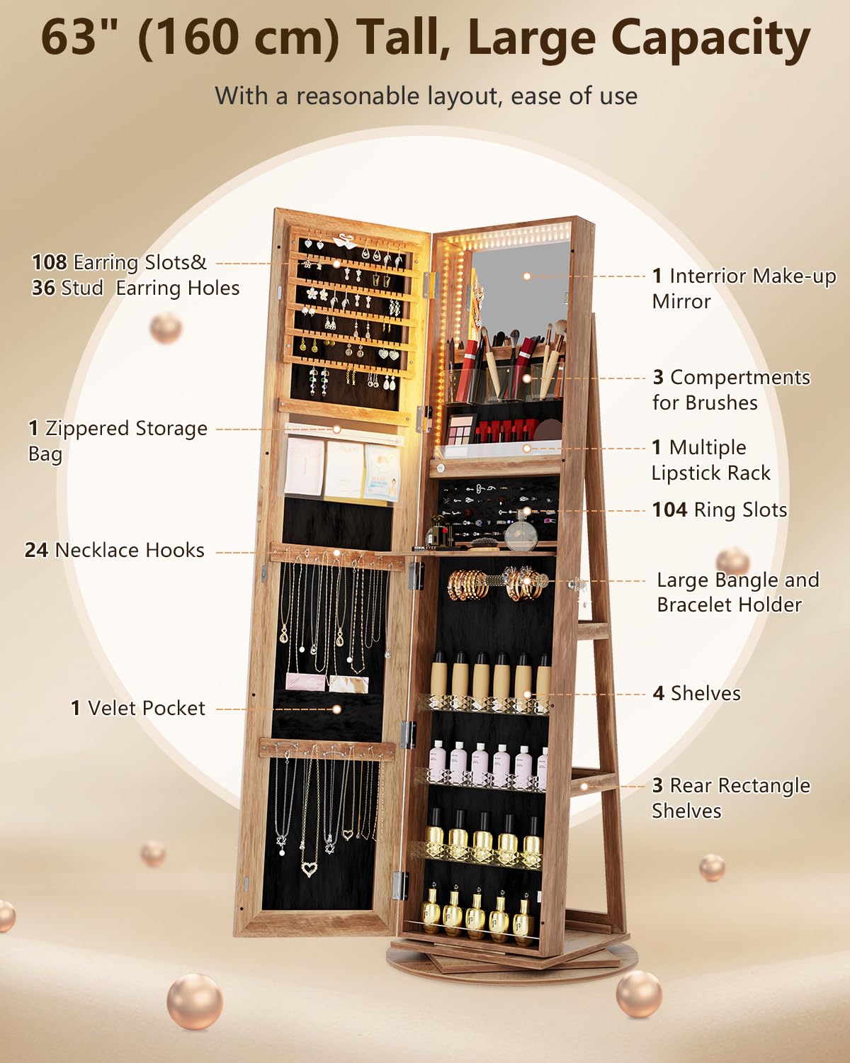 360° Rotating Jewelry Armoire with LED Lights - 63