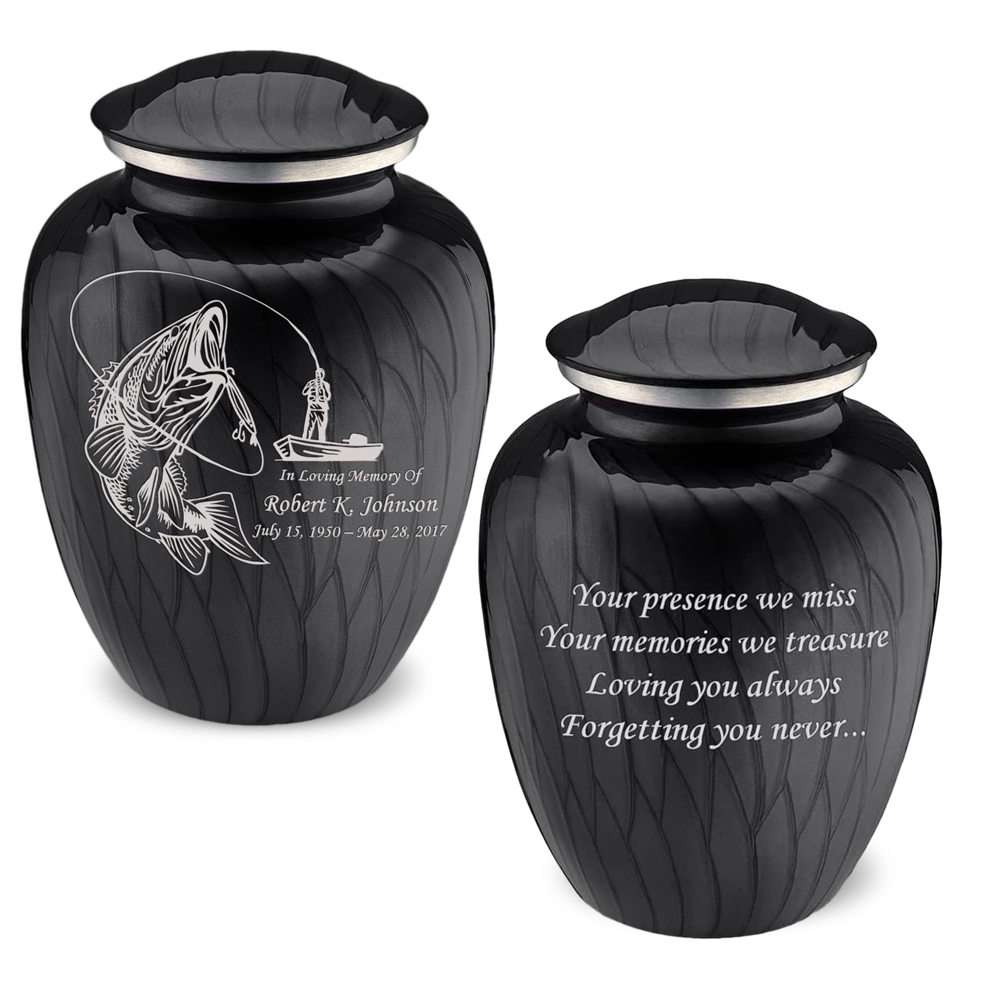 Personalized Fishing Cremation Urn for Ashes - Large Pearl Black Funeral Urn for Men & Women with Double Side Engraving - Holds 200 lbs - Perfect for Memorial Services & Home Display