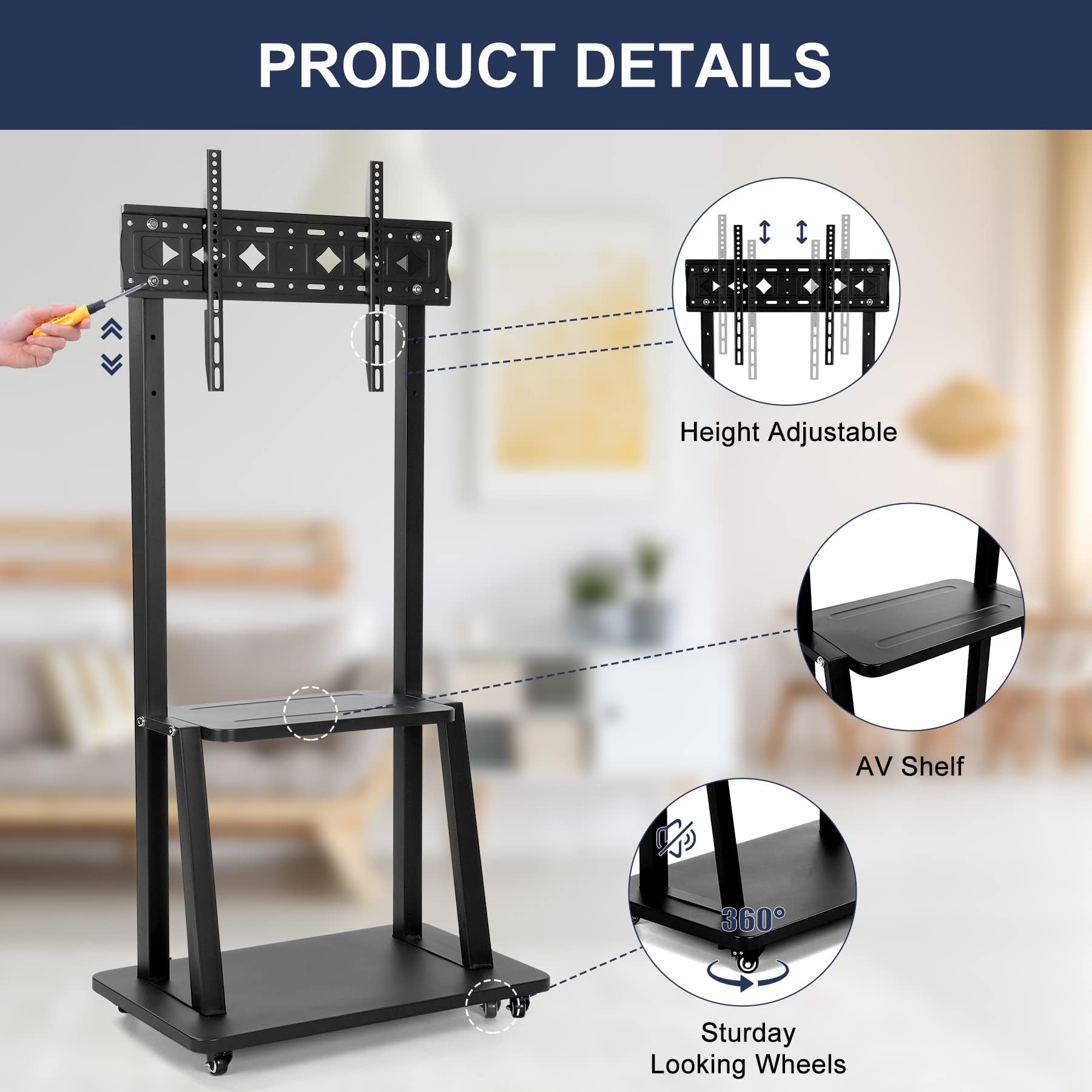 Heavy-Duty Rolling TV Stand with Wheels for 32-75 Inch TVs - Adjustable Height Mobile Cart for LCD LED OLED Flat Screens & Smartboards (100lbs Capacity) - Perfect for Living Rooms, Classrooms & Office Presentations