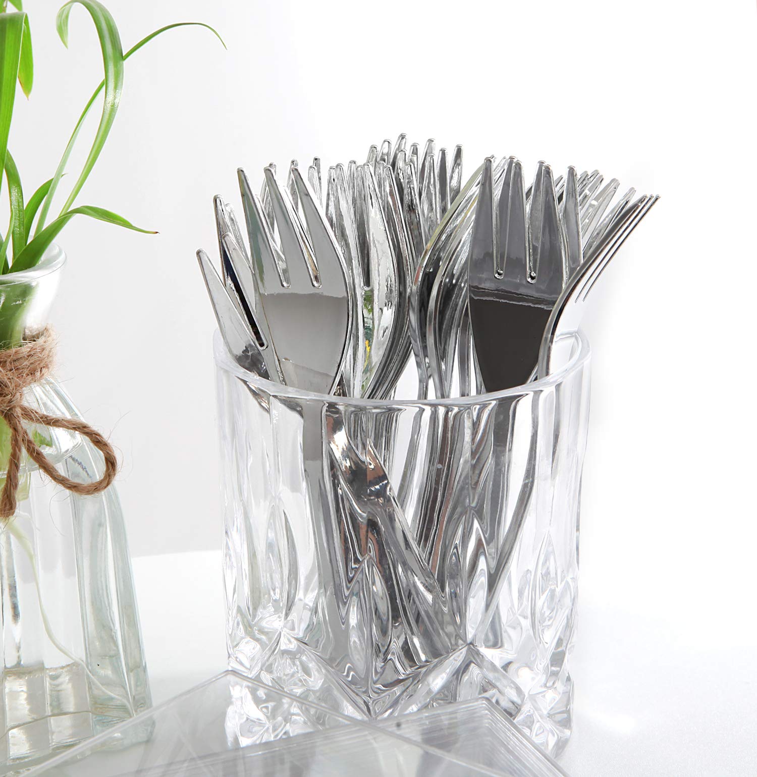 100-Piece Clear Square Dessert Plates Set with 100 Silver Plastic Forks - Elegant Appetizer Plates for Weddings, Parties & Events - Perfect for Cocktail Receptions, Bridal Showers & Birthday Celebrations