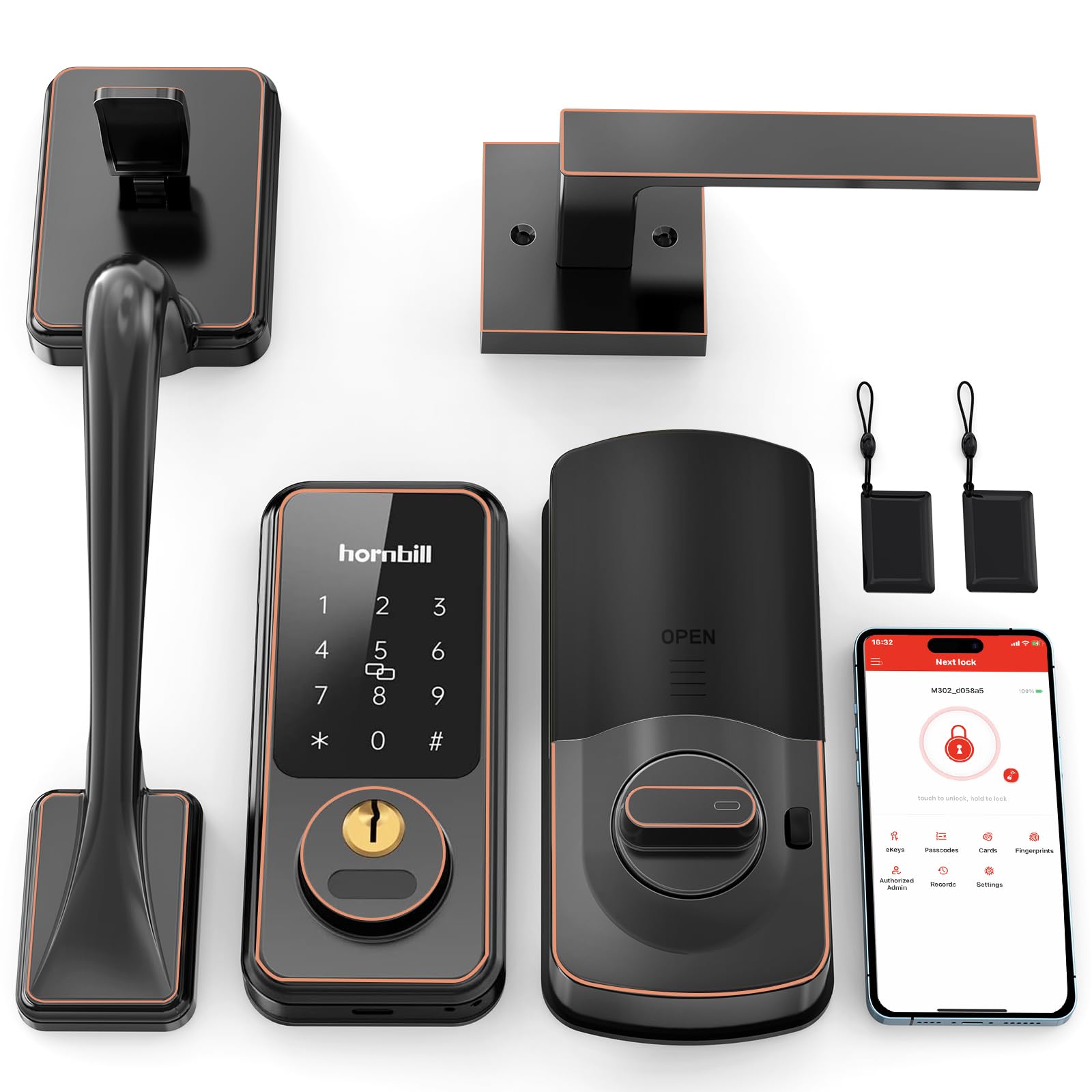 Keyless Entry Door Lock Set - Hornbill Smart Deadbolt with Handle, Bluetooth/APP Control, Auto Lock, Keyfobs & Keys, Oil Rubbed Bronze - Secure Front Door for Homes & Apartments