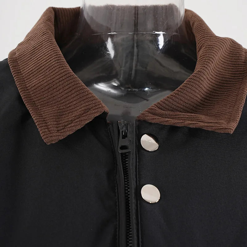 Men's Thickened Cotton Padded Jacket - American Style Lapel Patchwork Contrast Color with Big Pockets | CPG2523 | Perfect for Winter Outdoor Activities & Casual Wear