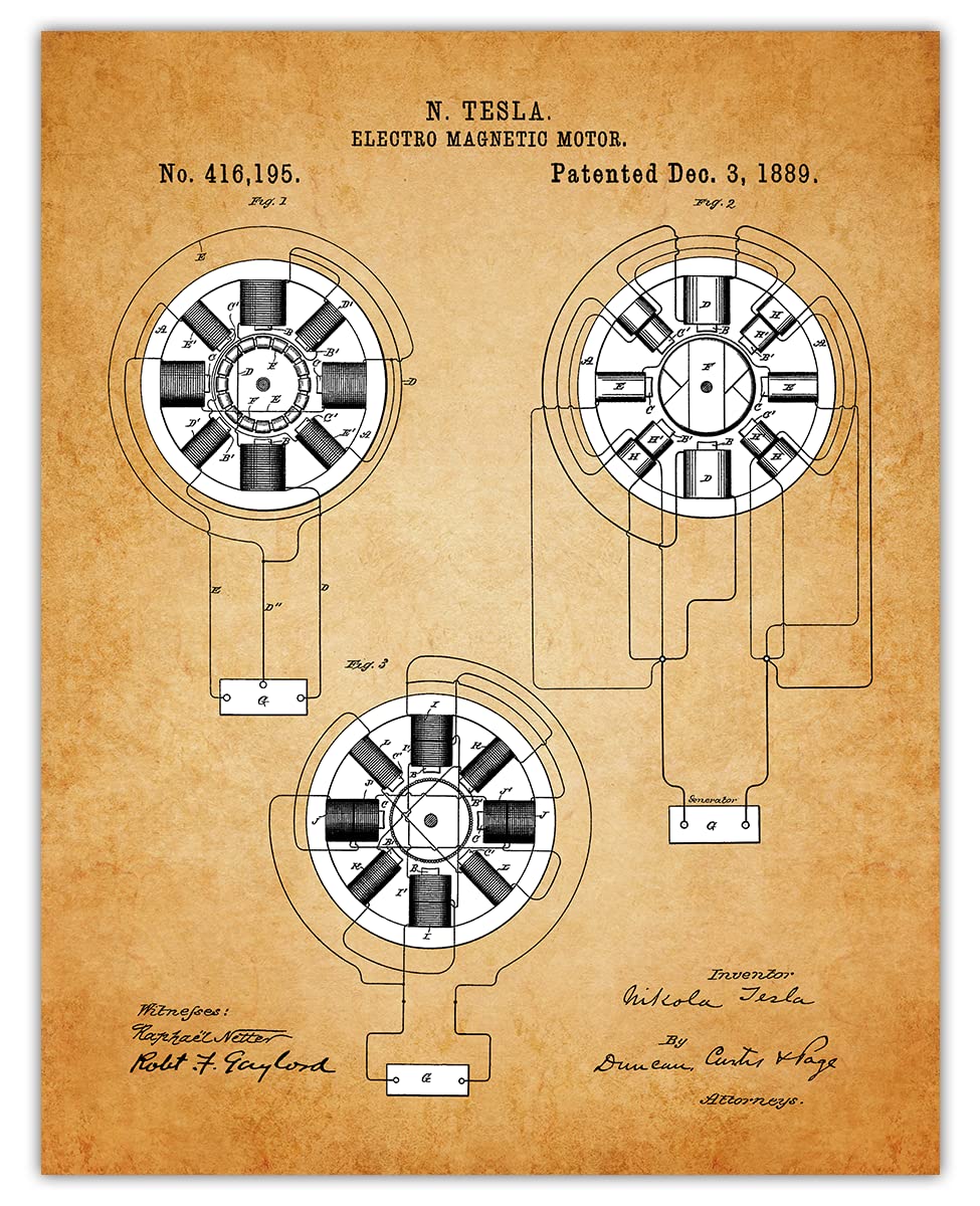 Vintage Tesla Patent Poster Prints - 11x14 Unframed Tesla Wall Art for Home, Office, Man Cave, Dorm & Bedroom Decor - Unique Gift for Tesla Fans & Science Enthusiasts - Perfect for Tesla Showrooms, STEM Classrooms & Electric Vehicle Themed Spaces