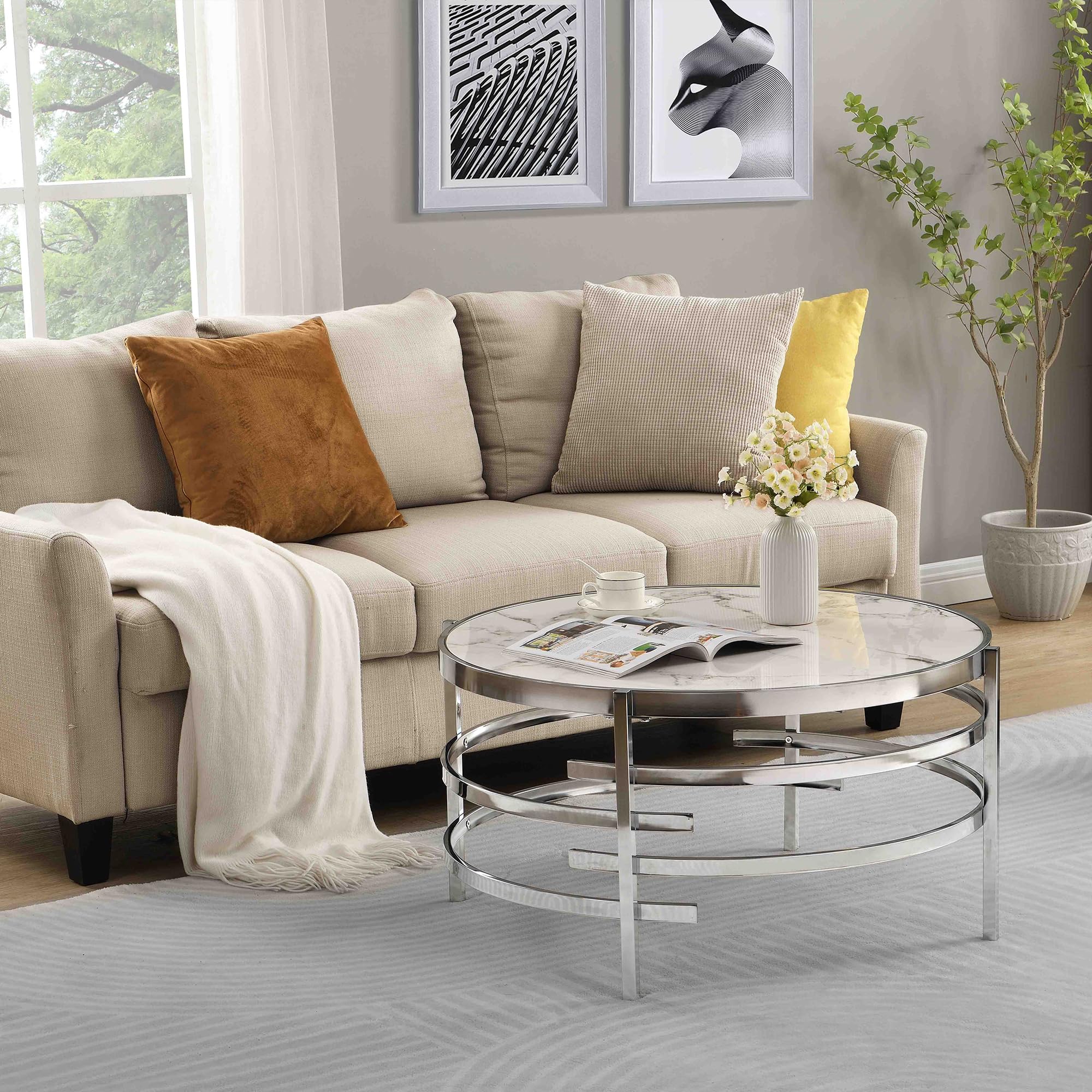 Modern Round Coffee Table & End Table Set of 3 - Silver Chrome Metal Frame with Marble Top - Contemporary Living Room Furniture for Sofa, Lounge & Home Office - Perfect for Small Spaces & Entertaining Guests