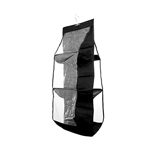 6-Pocket Hanging Handbag Organizer - Transparent Closet Storage Bag for Shoes, Accessories & Sundries - Space-Saving Door/Wall Hanger Pouch (Black) - Perfect for Bedroom, Closet & Dorm Organization