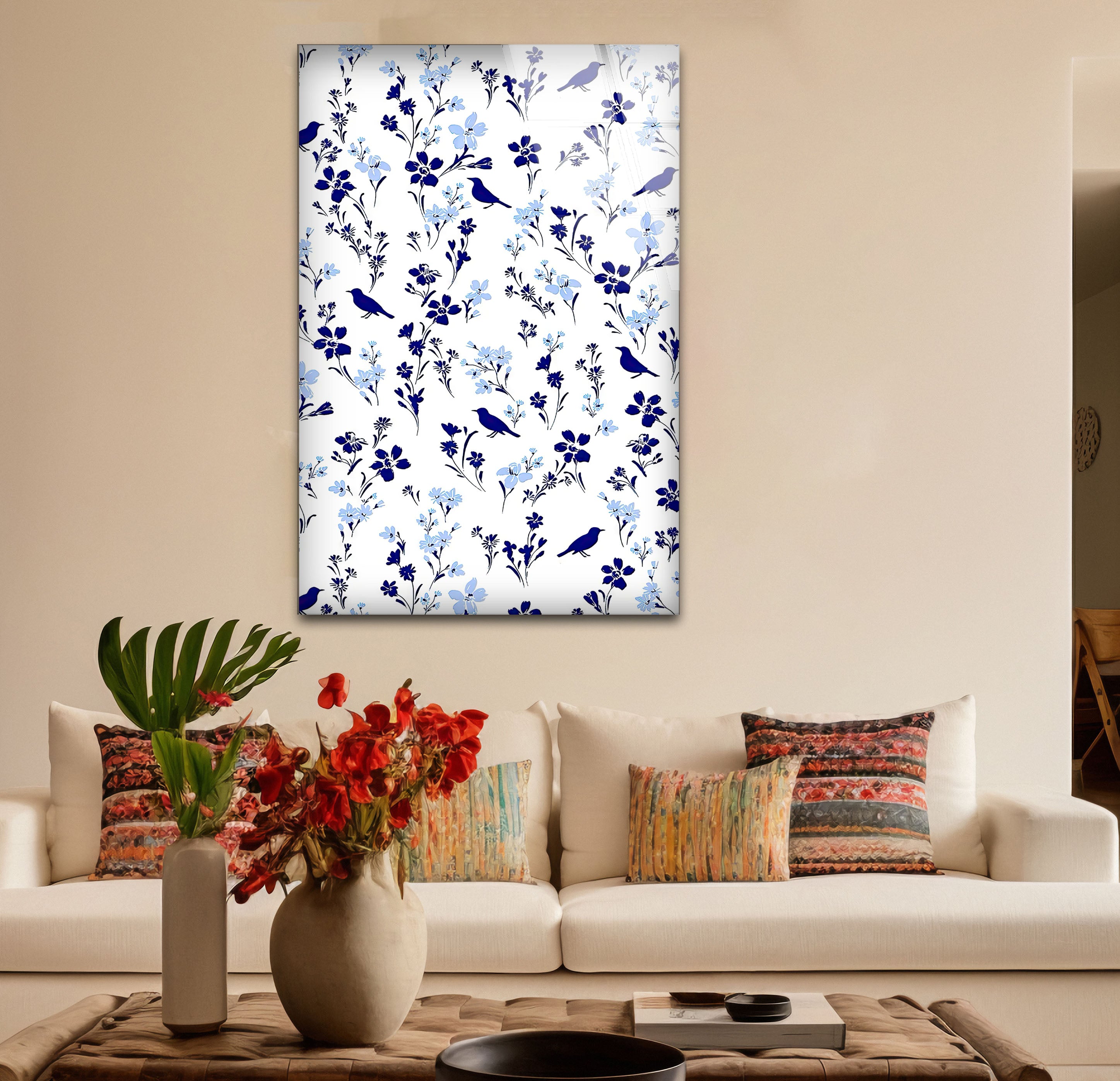 Blue Bird and Wildflower Wall Art Print - Elegant Floral Glass Decor for Nature Lovers | Perfect for Living Room, Bedroom & Office Decor