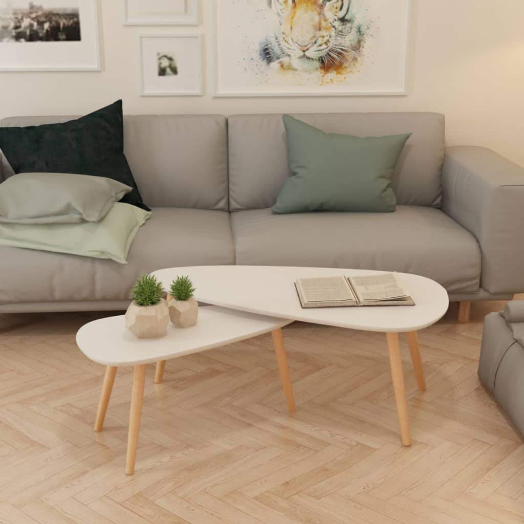 FAMIROSA 2-Piece White Coffee Table Set - MDF Tabletop with Pinewood Legs, High Gloss Nesting End Tables for Living Room, Bedroom - Perfect for Small Spaces & Modern Home Decor