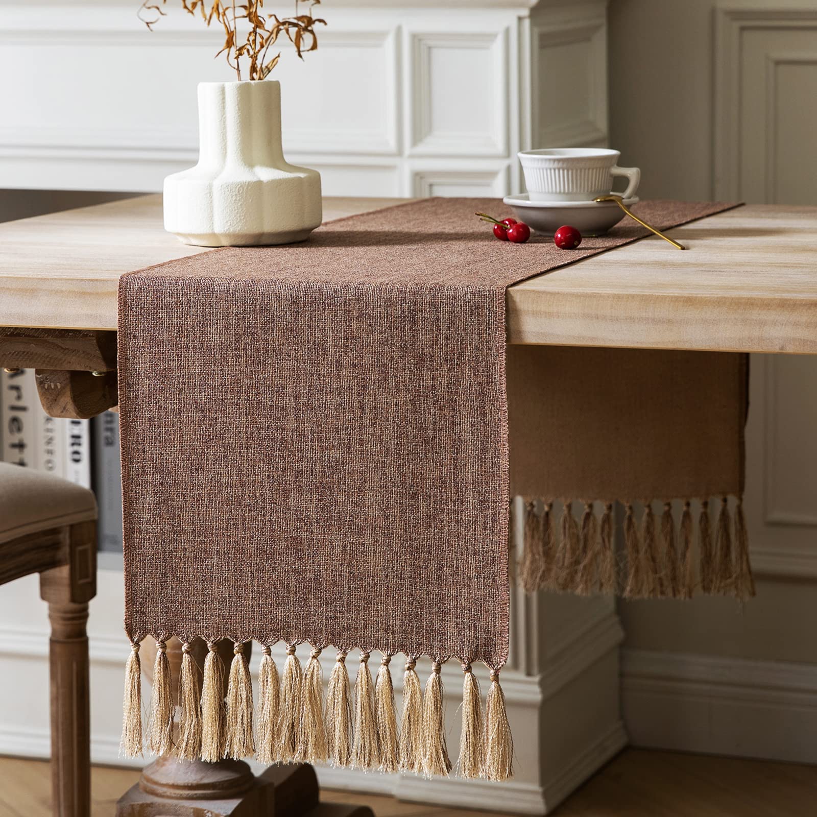 ZeeMart 108 Inch Long Brown Burlap Table Runner - Rustic Farmhouse Linen Style Boho Dining Table Decor (13x108 Inches) - Perfect for Weddings, Thanksgiving, Christmas & Everyday Dining Table Decorations