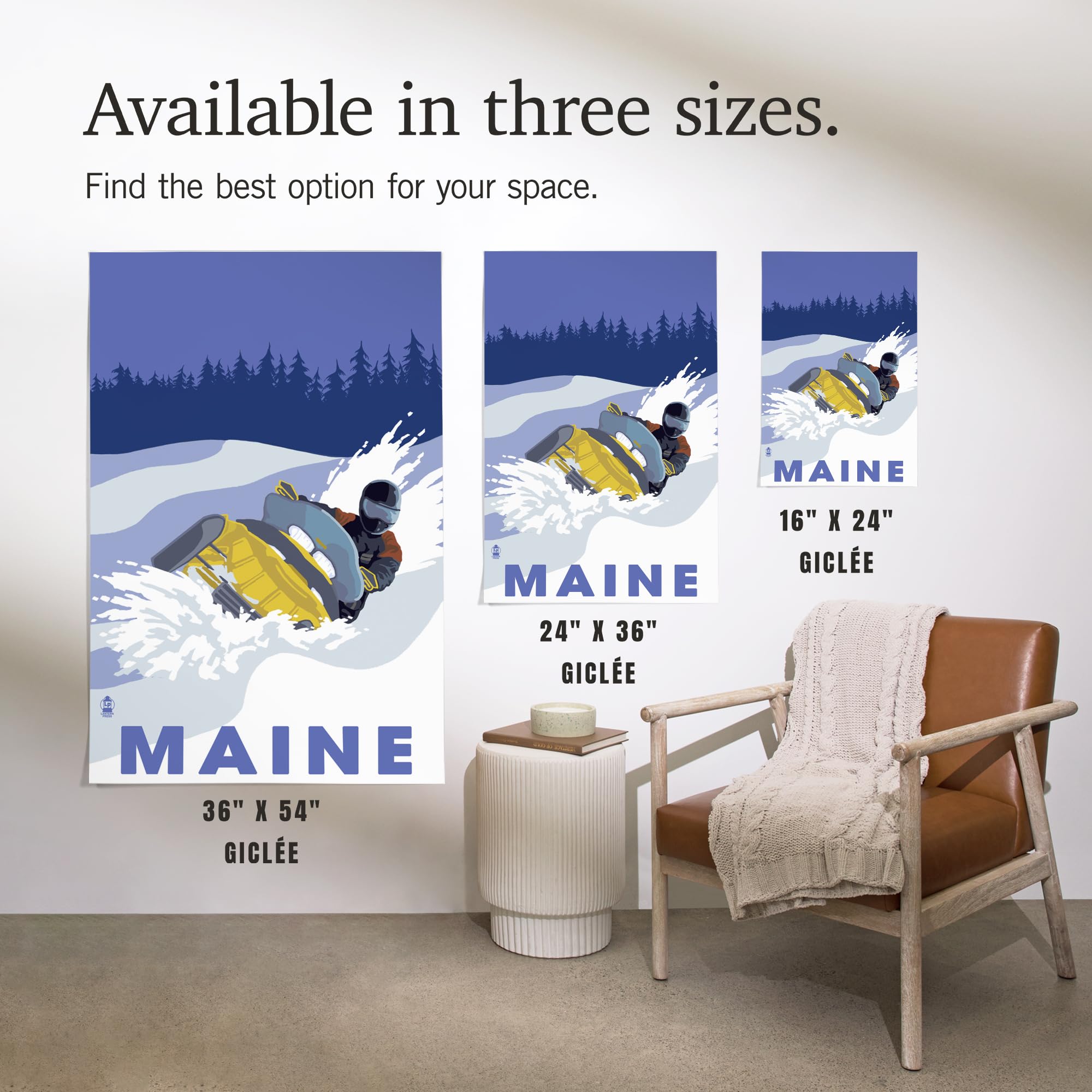 Lantern Press 16x24 Inch Giclee Art Print - Maine Snowmobile Scene Wall Decor for Living Room, Bedroom & Office | Premium Canvas Painting for Home & Cabin Decor