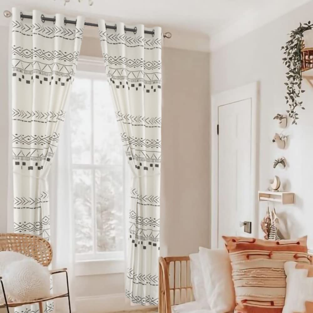 Farmhouse Curtains for Living Room & Bedroom - Neutral Country Semi Blackout Boho Drapes in Off White, Ivory Cream & Black - 84 Inch Length - Perfect for Cozy Farmhouse Decor & Light Control