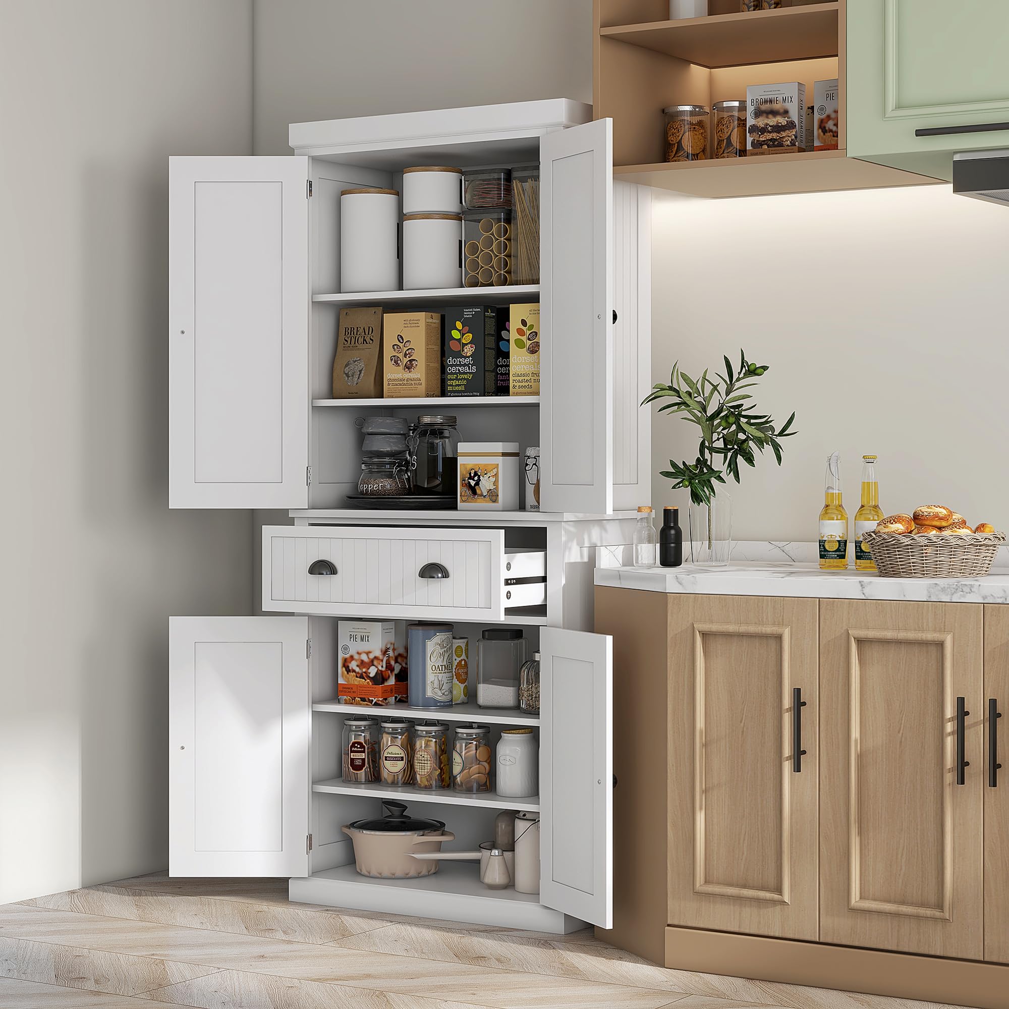 HOMCOM 183cm Freestanding Kitchen Cupboard - 4-Door Tall Storage Cabinet with 3 Adjustable Shelves, White Traditional Pantry for Dining Room & Kitchen Organization | Perfect for Small Spaces, Apartment Living & Home Storage Solutions