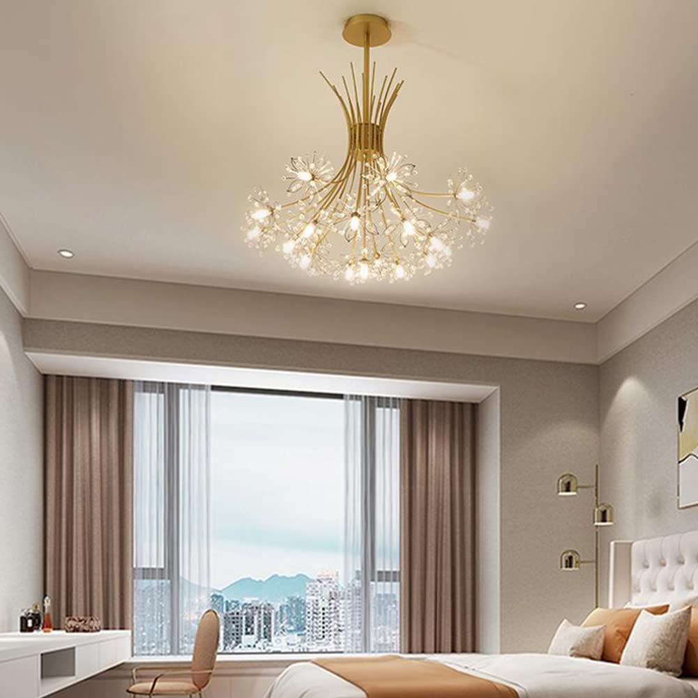 Modern Crystal Chandelier - Fireworks LED Pendant Light with Dandelion Flower Design - 13-Light Gold Ceiling Fixture for Living Room, Restaurant, Bedroom & Kitchen - Perfect for Dining Areas, Entryways and Home Decor