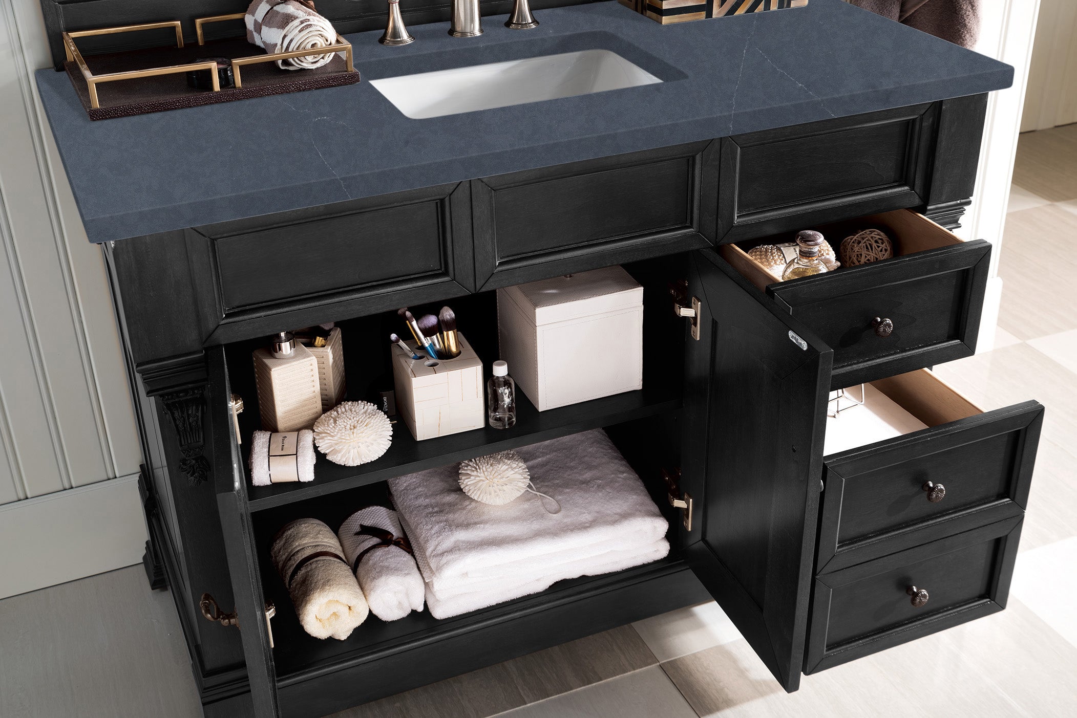 Brookfield 48 Inch Single Bathroom Vanity Set with Antique Black Finish & 3CM Charcoal Soapstone Quartz Countertop – Perfect for Modern and Traditional Bathroom Remodels