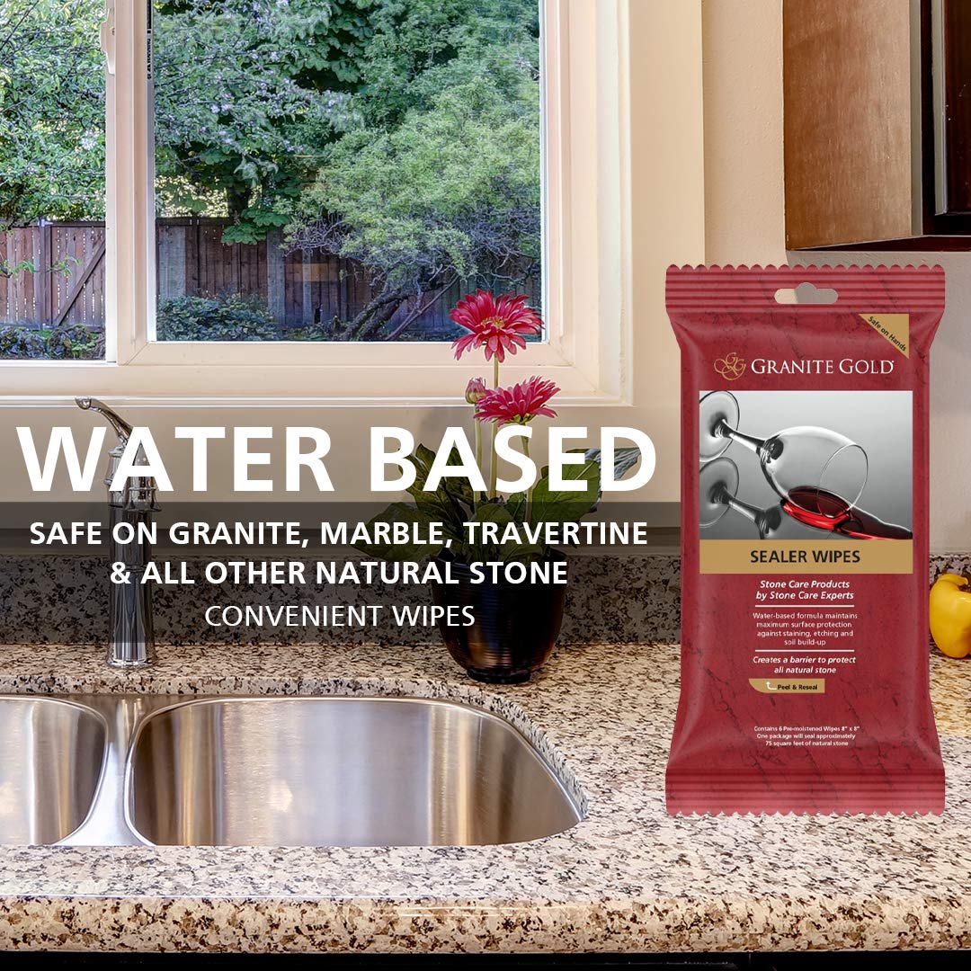 Granite Gold Water-Based Sealer Wipes for Granite, Marble & Travertine Countertops | Natural Stone Protector | 6-Count Pack | Ideal for Kitchen & Bathroom Surfaces