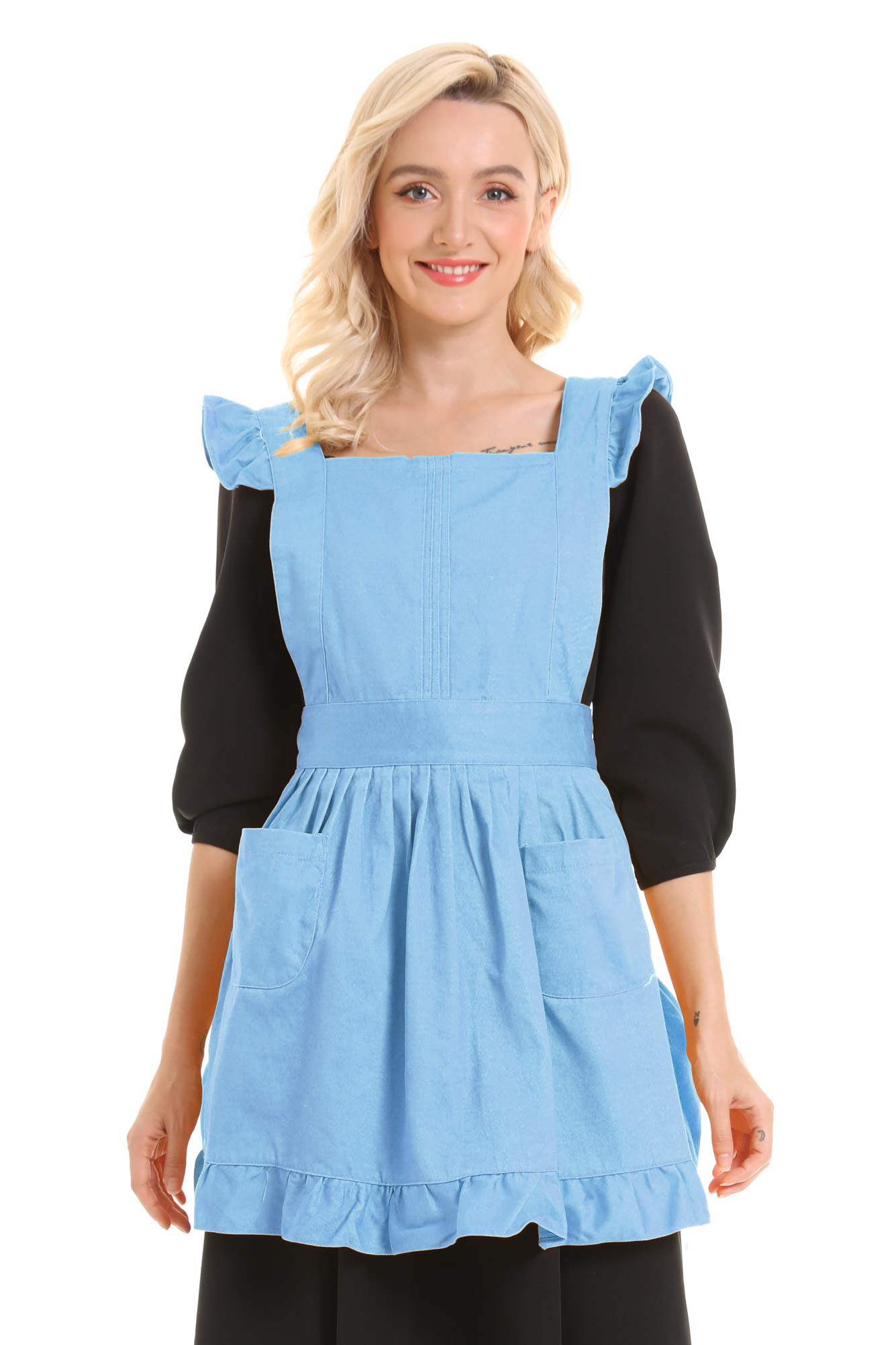 Vintage Adjustable Ruffle Apron for Cooking, Baking & Cleaning - Blue Retro Maid Costume - Perfect for Home Kitchen, BBQ, Housekeeping & Themed Parties