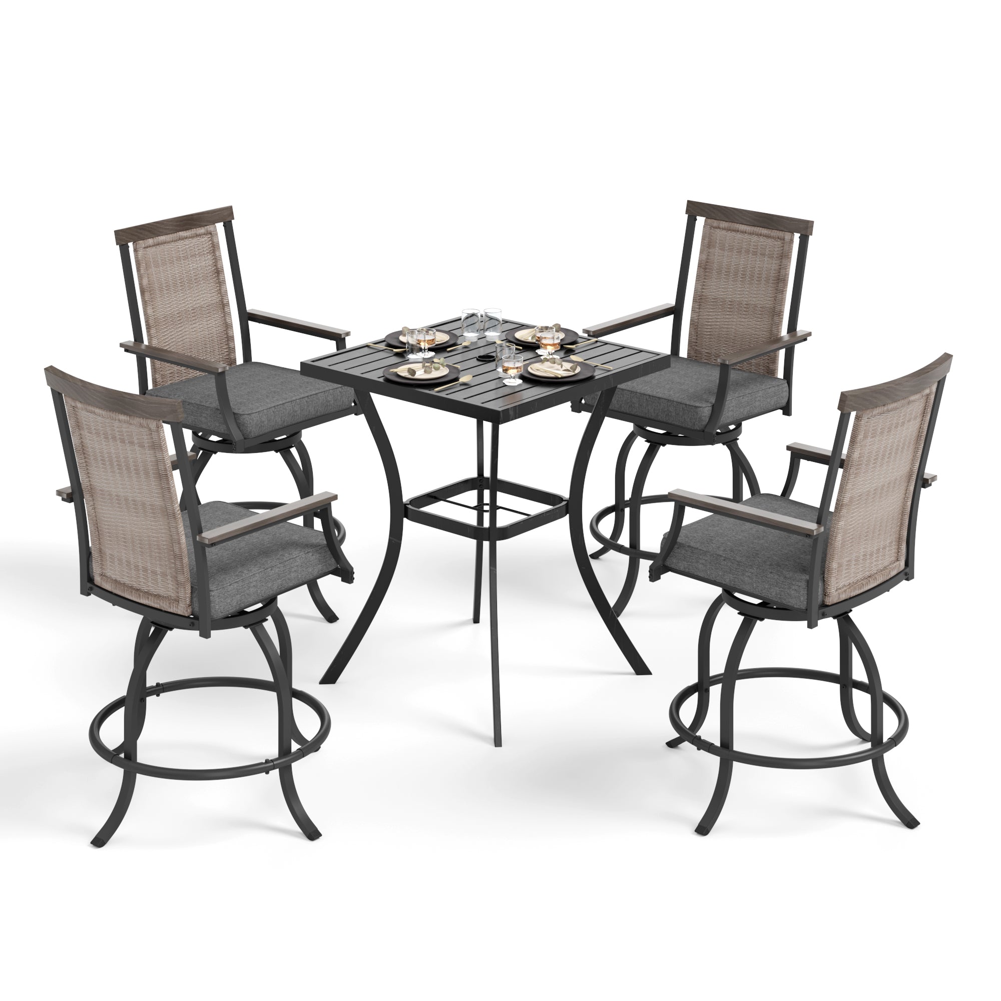 PHI VILLA 3-Piece Swivel Bar Stool Set with Rattan Backrest & Padded Grey Cushion - 35