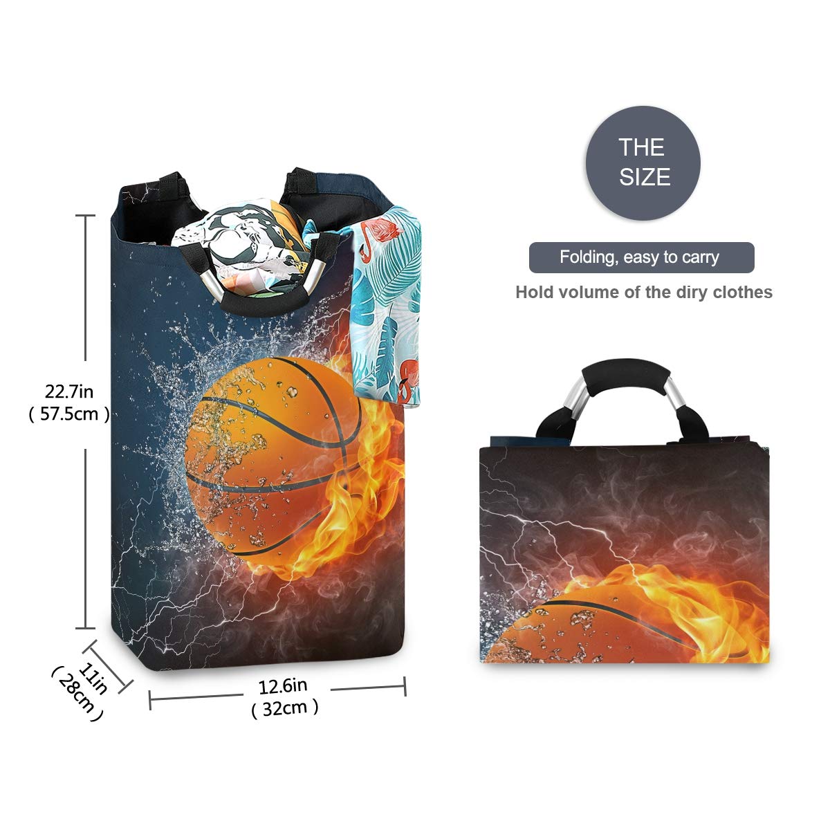 Blueangle 22.7’’ Basketball Design Waterproof Foldable Laundry Hamper - Durable Clothes & Toy Storage Organizer with Fire & Water Pattern - Perfect for Bedroom, Dorm, Kids Room & Sports Locker Organization