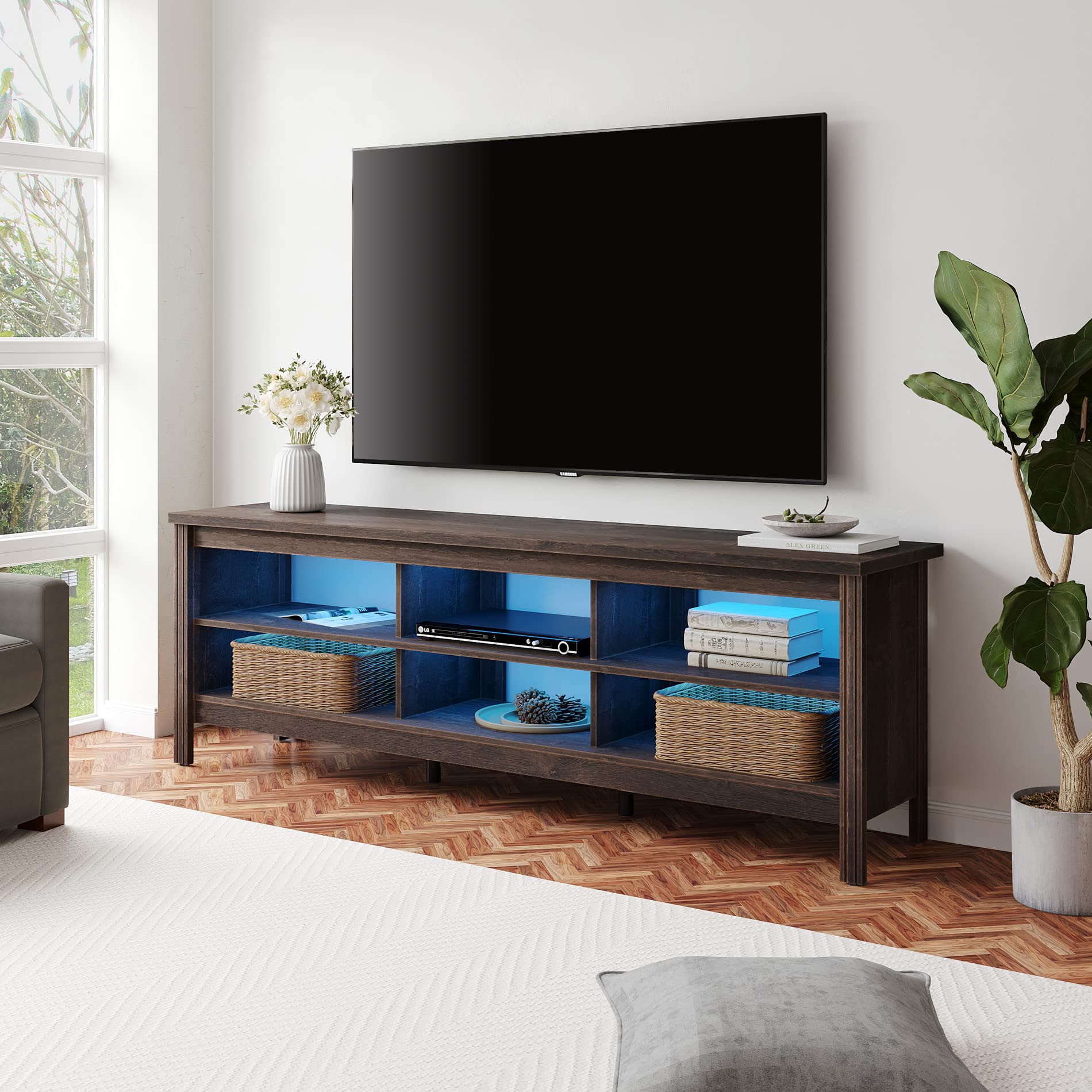 WAMPAT 75 Inch TV Stand with LED Lights - Espresso Entertainment Center Media Console with 6 Storage Shelves for 70-80 Inch TVs - Perfect for PS Gaming Setup in Living Room & Bedroom - Modern TV Cabinet for Home Theater & Family Entertainment