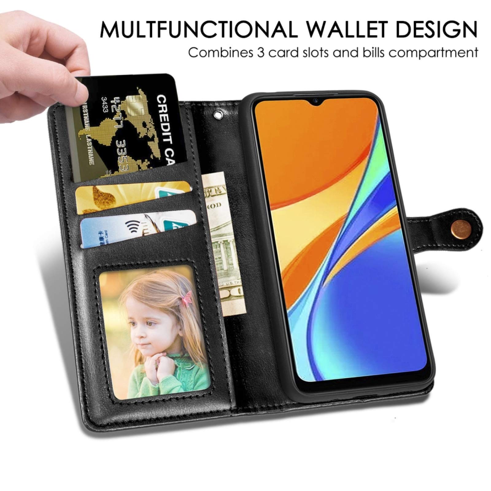 Xiaomi Redmi 9A Phone Case - Genuine Leather with Card Holder, Kickstand & Lanyard | Slim Protective Cover for Redmi 9A | Wallet Case with Photo Frame Slot (Blue) - Perfect for Daily Use, Travel & Business