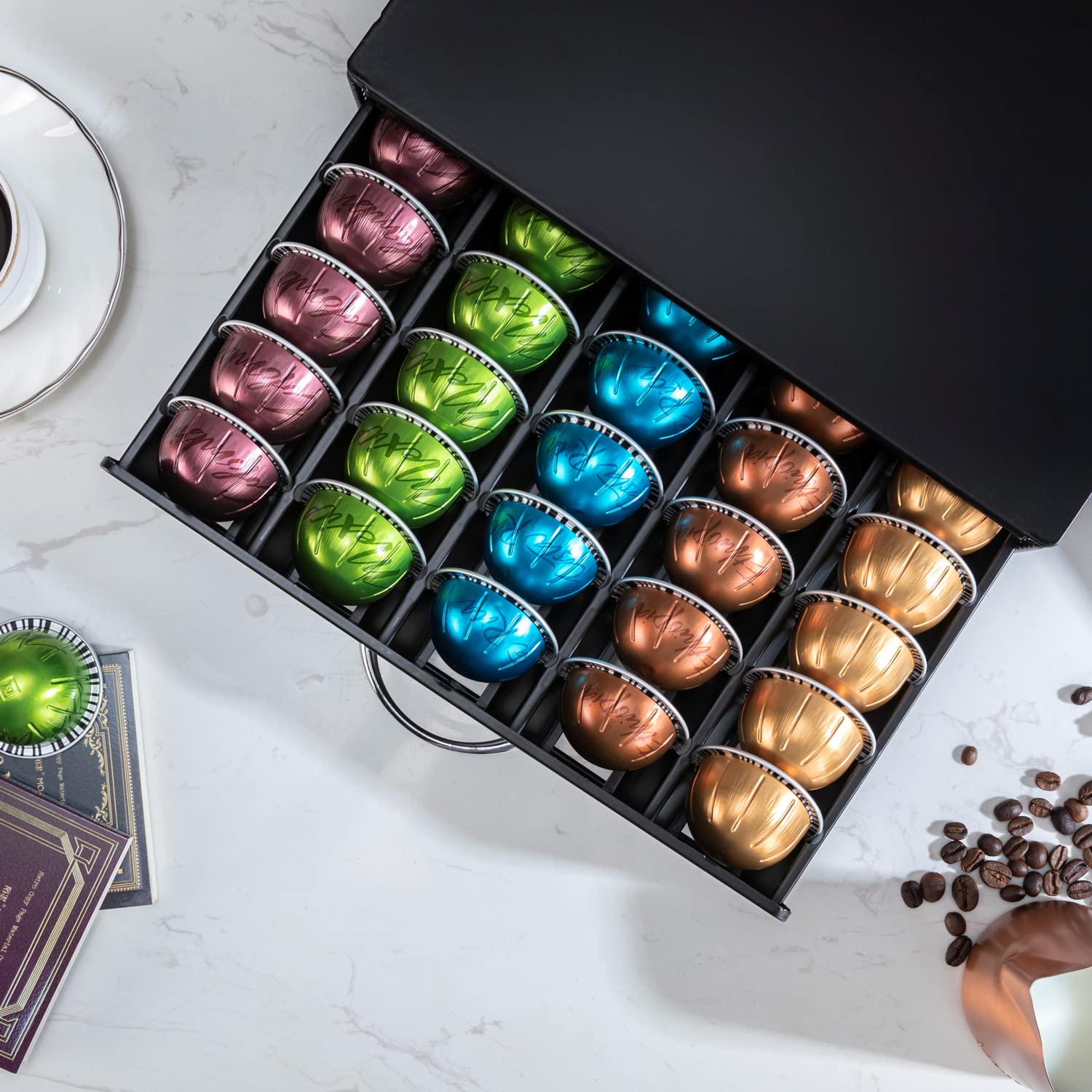 Premium Nespresso Vertuo Pod Holder - 50-Capacity Black Metal Coffee Pod Organizer & Stand for Espresso Machine | Modern Design for Kitchen & Office Use
