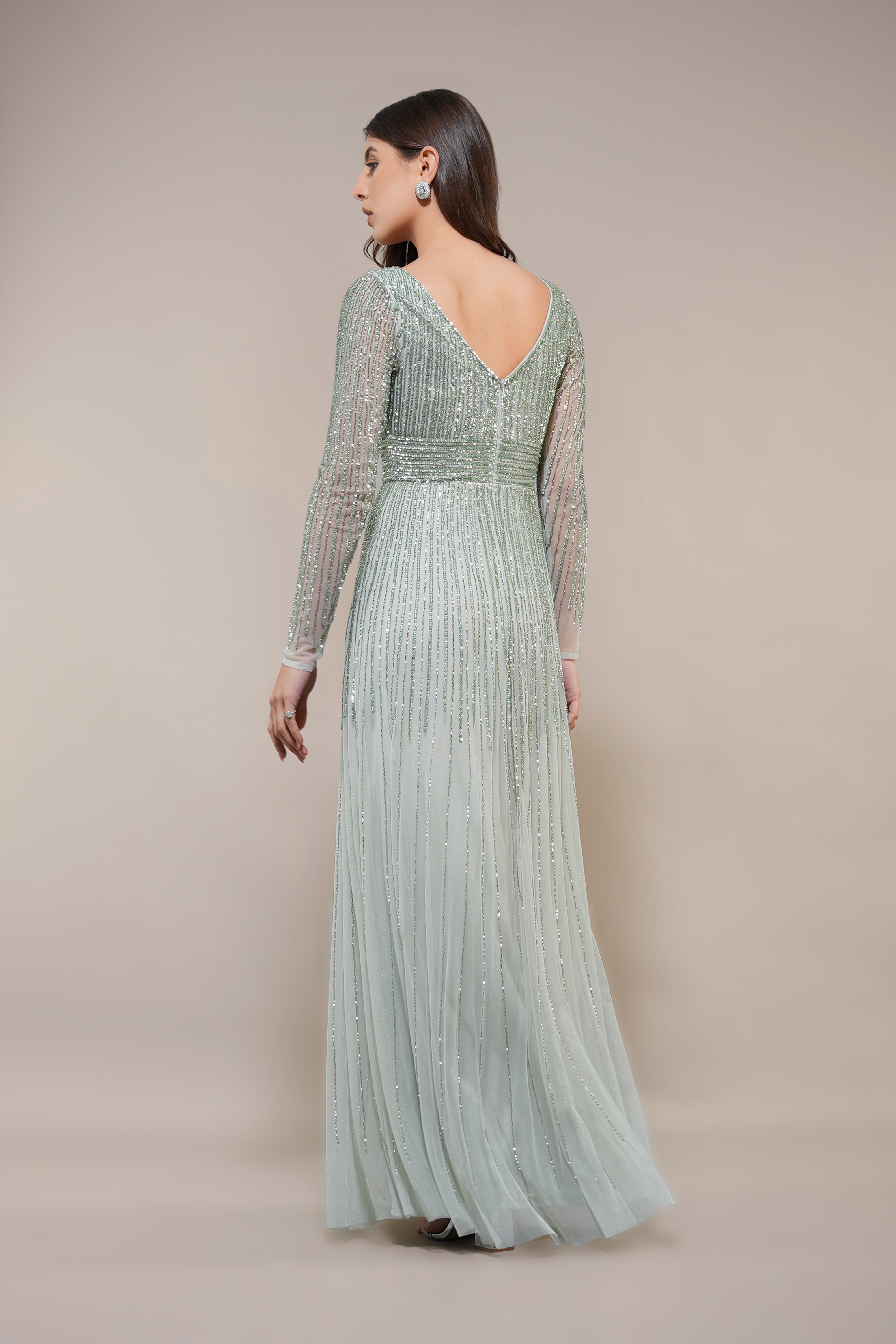 Laura Embellished Maxi Dress in Sage Green - Elegant Floral Lace Evening Gown for Women, Perfect for Weddings, Parties & Special Occasions