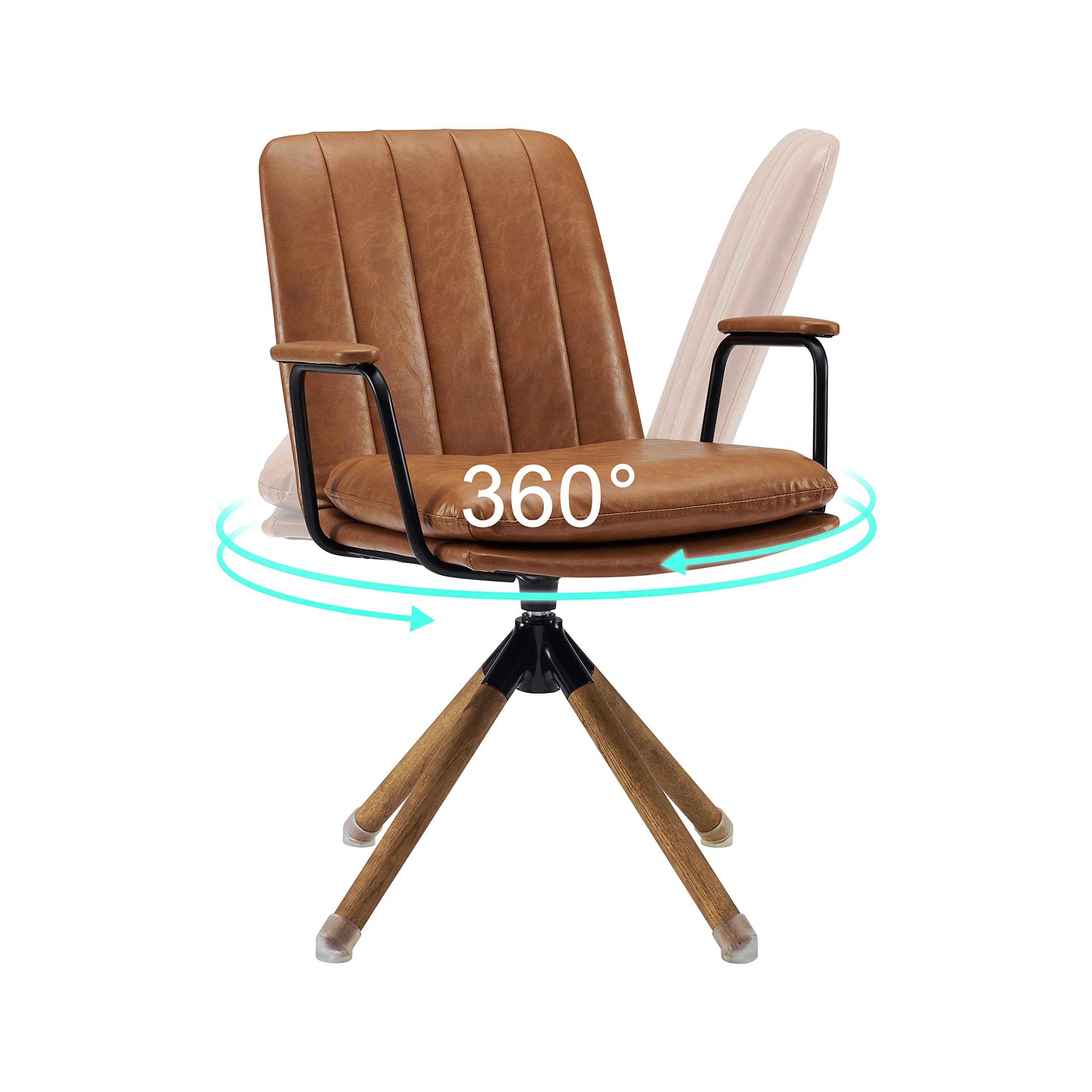Art Leon Mid Century Modern Swivel Desk Chair Set of 2 - Oak Wood Legs & Faux Leather Upholstery, No Wheels Office Chair for Home, Bedroom or Living Room - Yellow Brown | Perfect for Small Spaces, Reading Nooks & Cozy Workstations