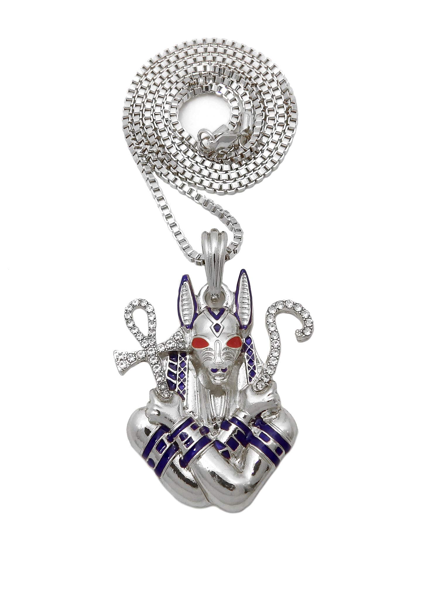 18K White Gold Iced Egyptian Anubis Pendant & Box Chain Necklace - 18/20/24 Inch Cuban Rope Chain for Men Hip Hop Jewelry - Perfect for Streetwear, Gifts & Special Occasions