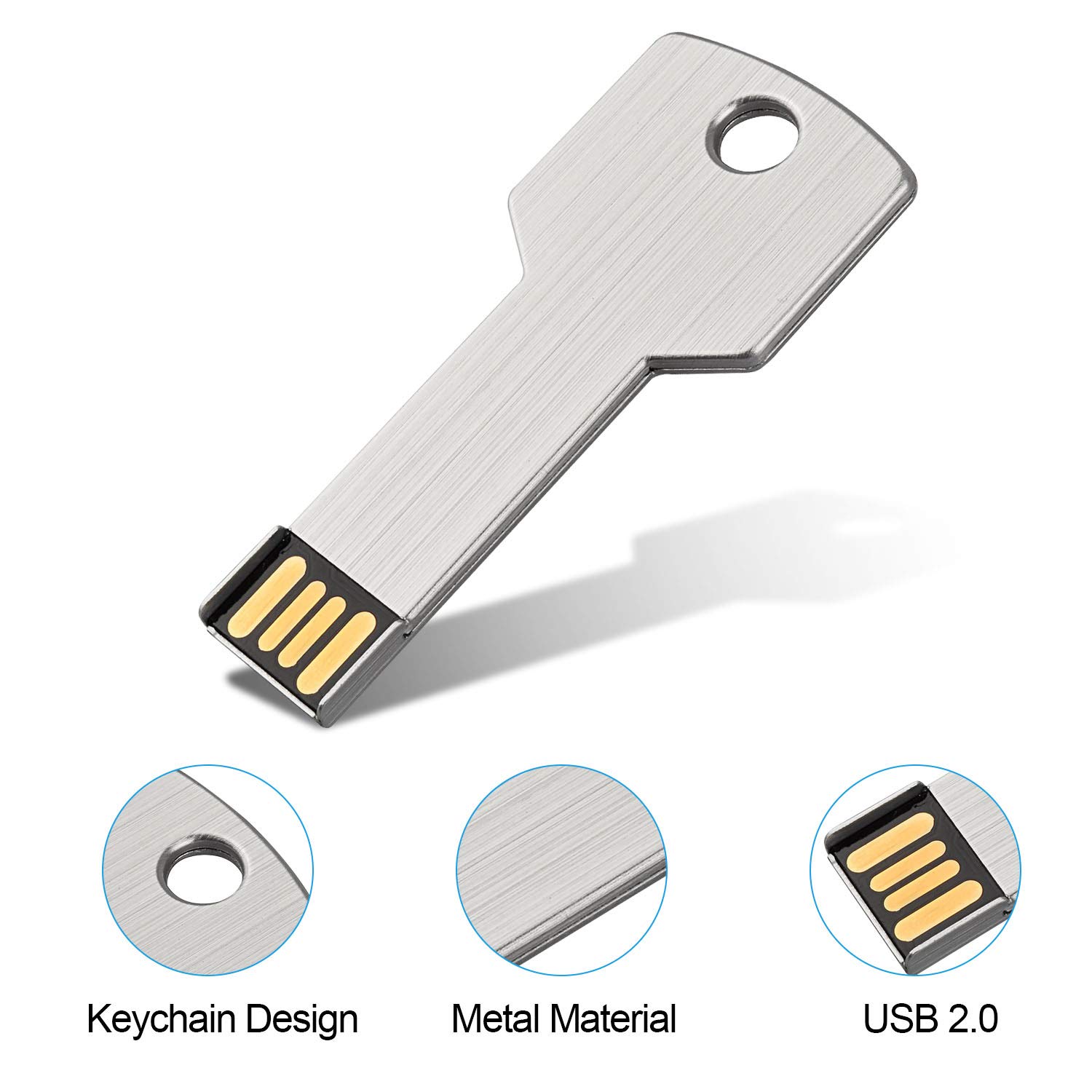 64GB Metal Key-Shaped USB 2.0 Flash Drive - Silver Thumb Drive Memory Stick for Data Storage & Transfer - Perfect for Keychains, Office Use & Digital File Backup