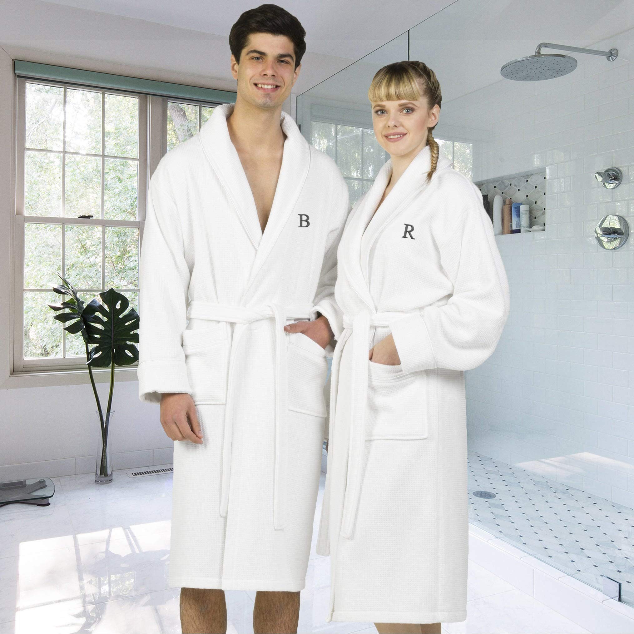Premium White Unisex Turkish Cotton Waffle Weave Bathrobe with Grey Monogram - Soft & Absorbent Terry Cloth Robe for Spa, Hotel & Home Relaxation (Size L/XL)