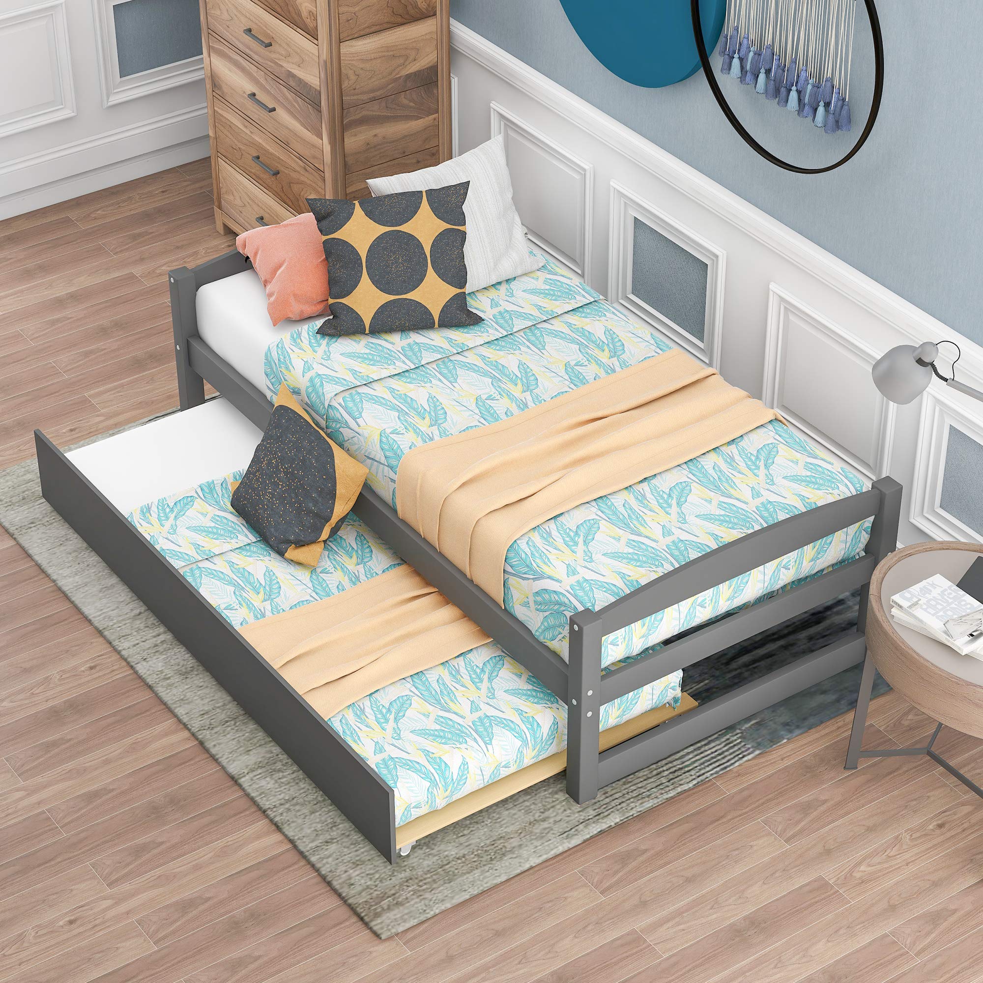 KLMM Twin Size Wooden Platform Bed with Trundle - Captain's Bed Frame with Wooden Slats Support - Space Saving Daybed for Bedroom, Guest Room or Living Room - Modern Gray Wood Furniture for Small Spaces