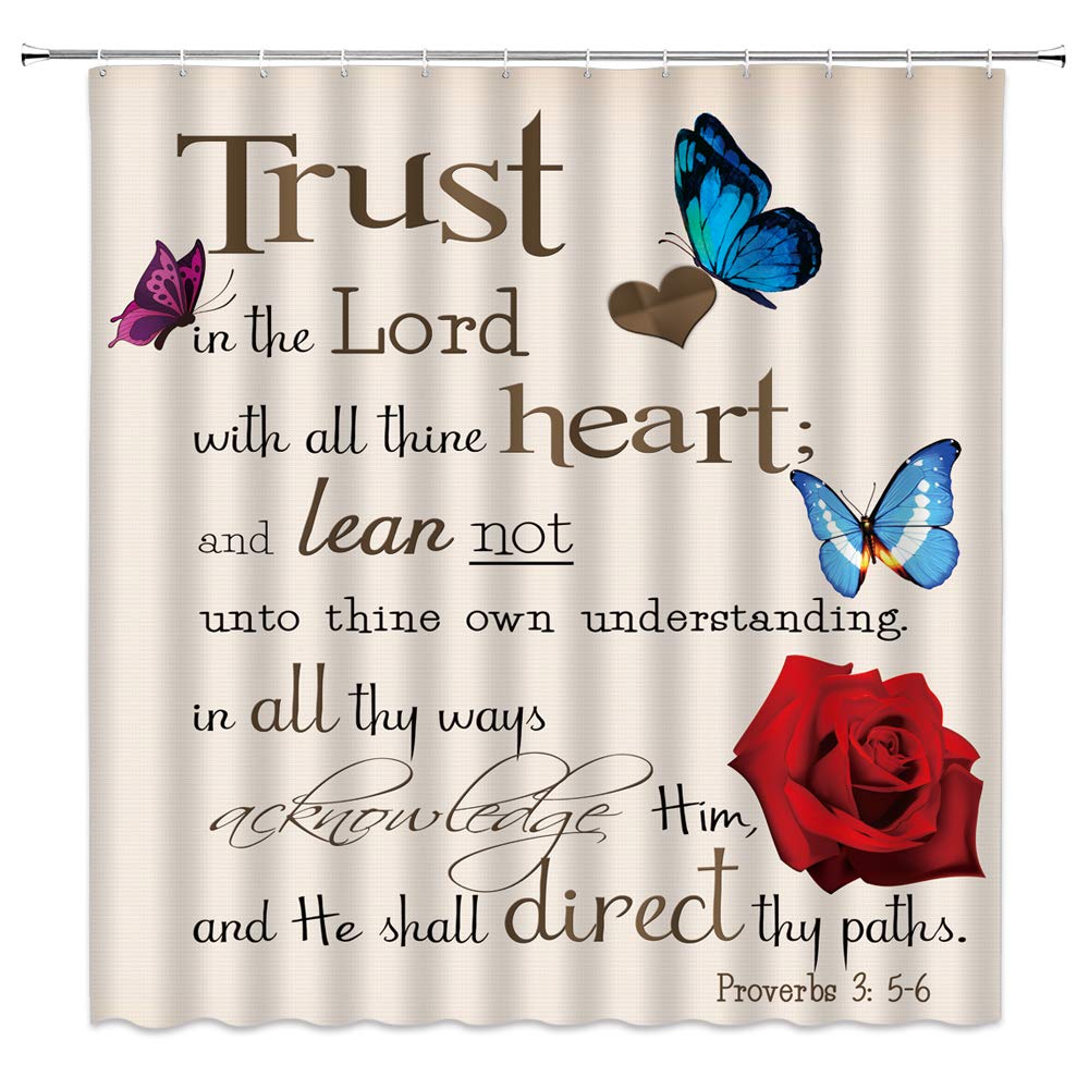 AMHNF Inspirational Quote Shower Curtain - Trust in The Lord Bible Verse, Motivational Proverbs with Butterfly & Rose Floral Design, Rustic Vintage Bathroom Decor Fabric Curtain with Hooks - Perfect for Farmhouse, Cottage, or Boho Style Bathrooms